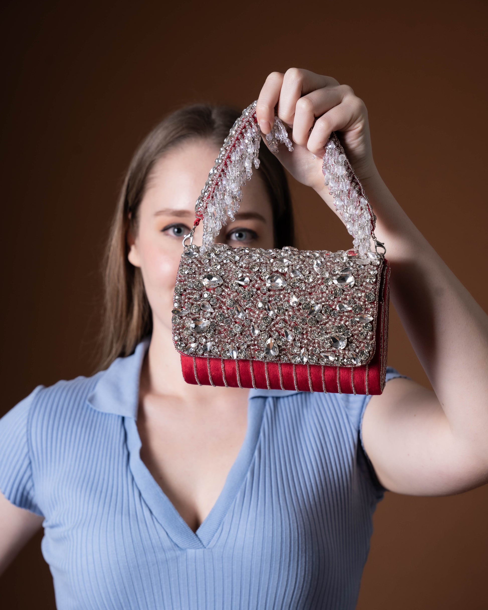 Velleso Red Avara Crystal Embellished Flap Over Bag