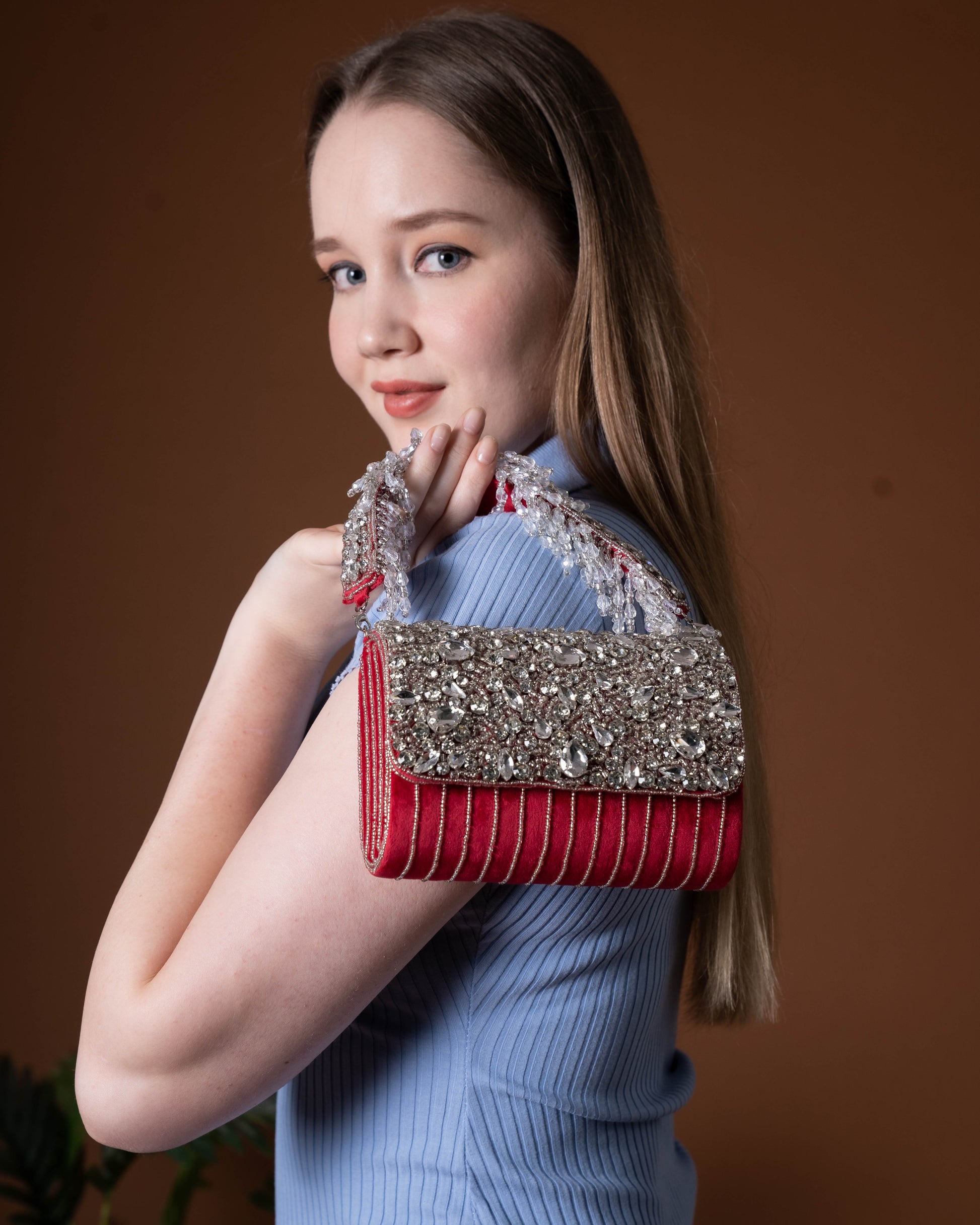Velleso Red Avara Crystal Embellished Flap Over Bag