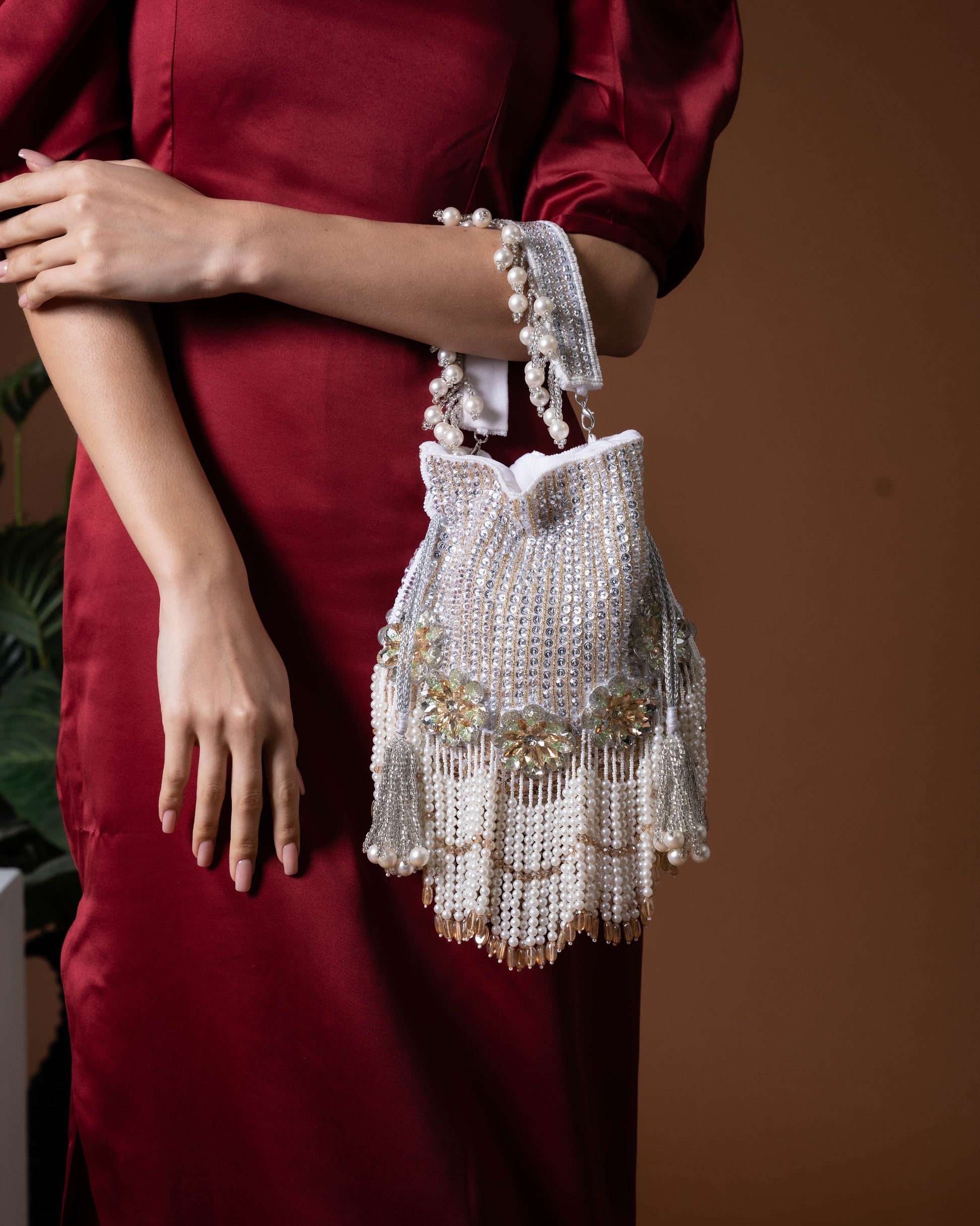 Zariah Radiance Potli Bag – Pearl Cascade Embellished Purse