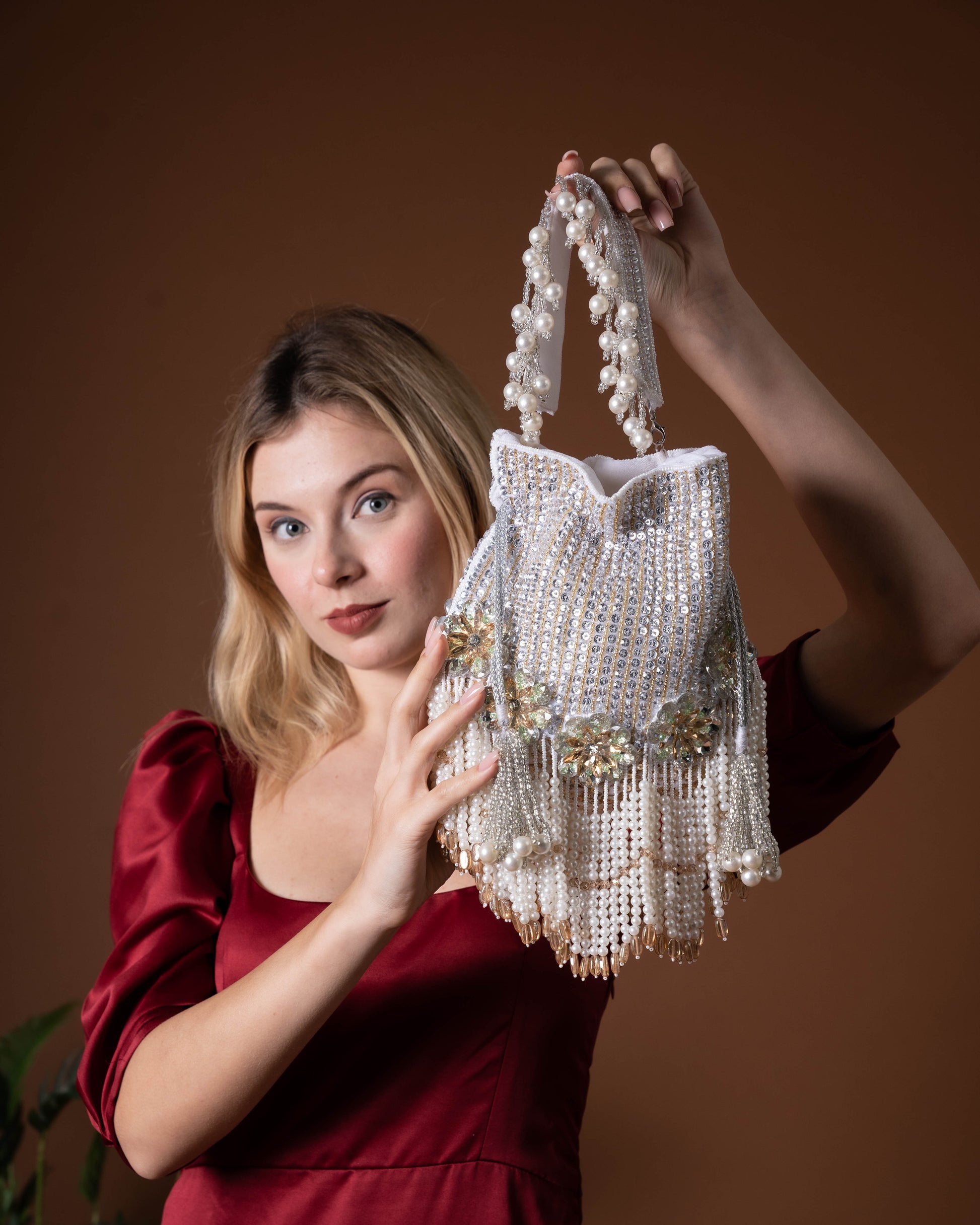 Zariah Radiance Potli Bag – Pearl Cascade Embellished Purse