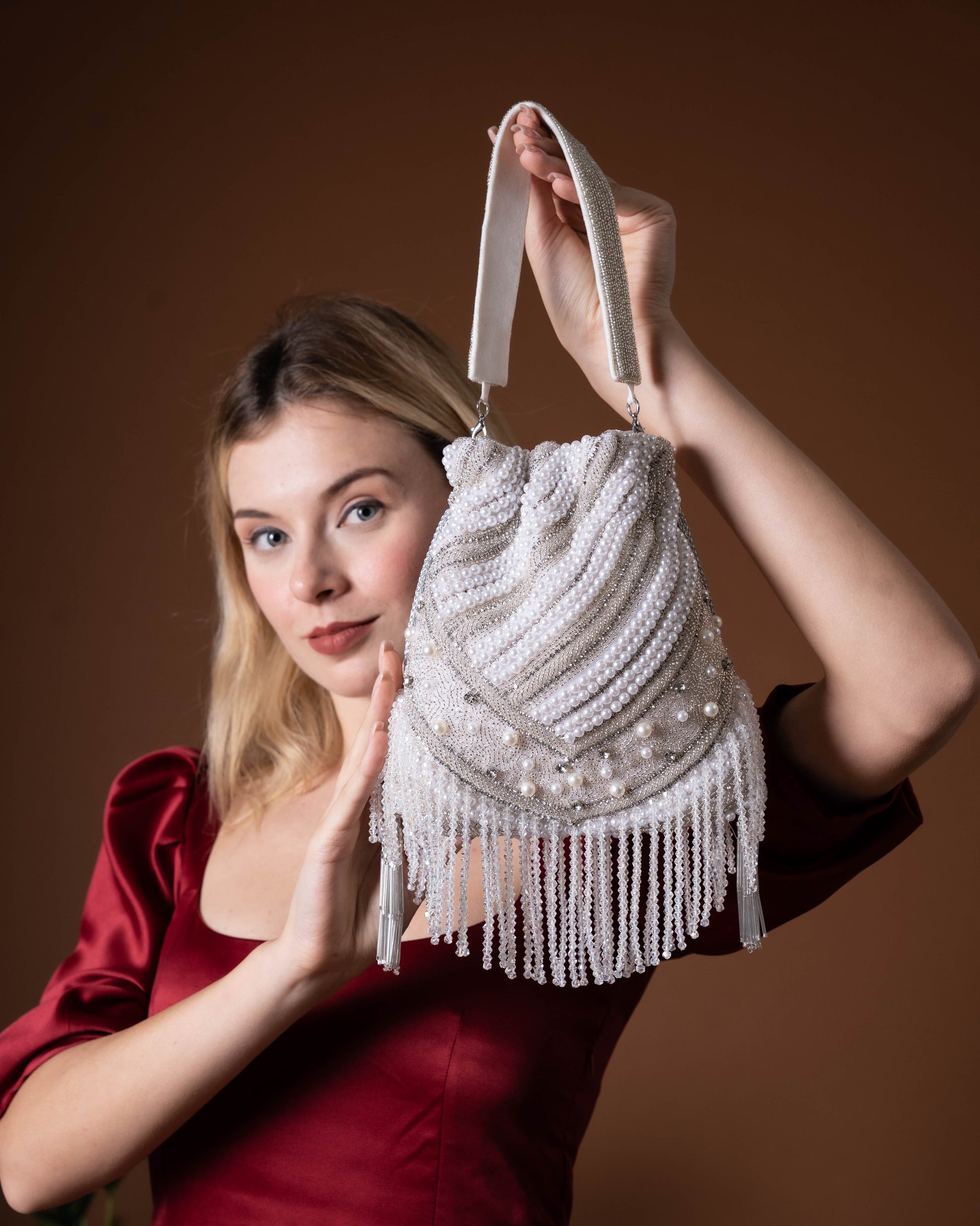 Aurelia Fringe Potli – Handcrafted Pearl Swirl Purse