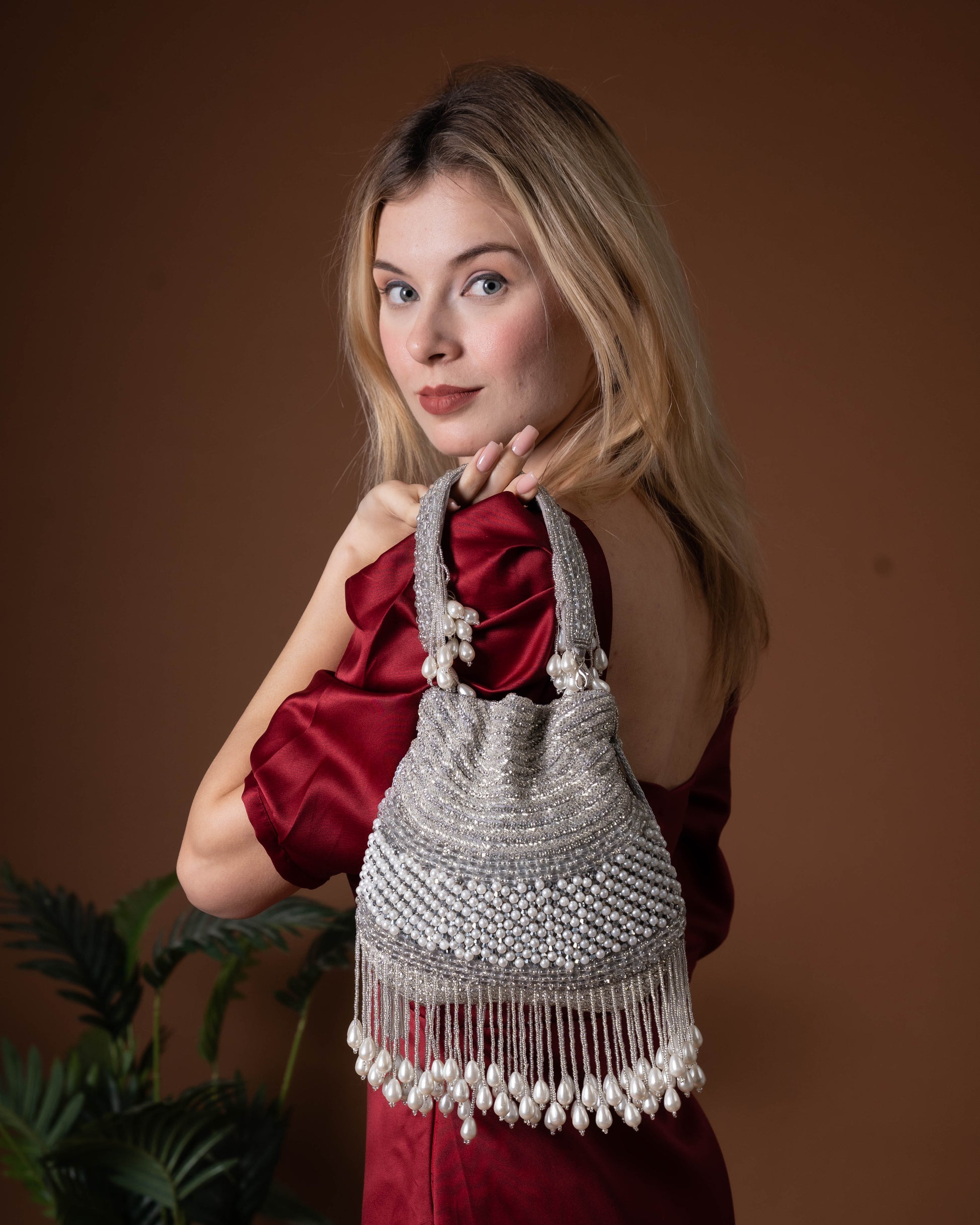 Seraphina Gleam Potli – Silver Pearl Drop Embellished Bag