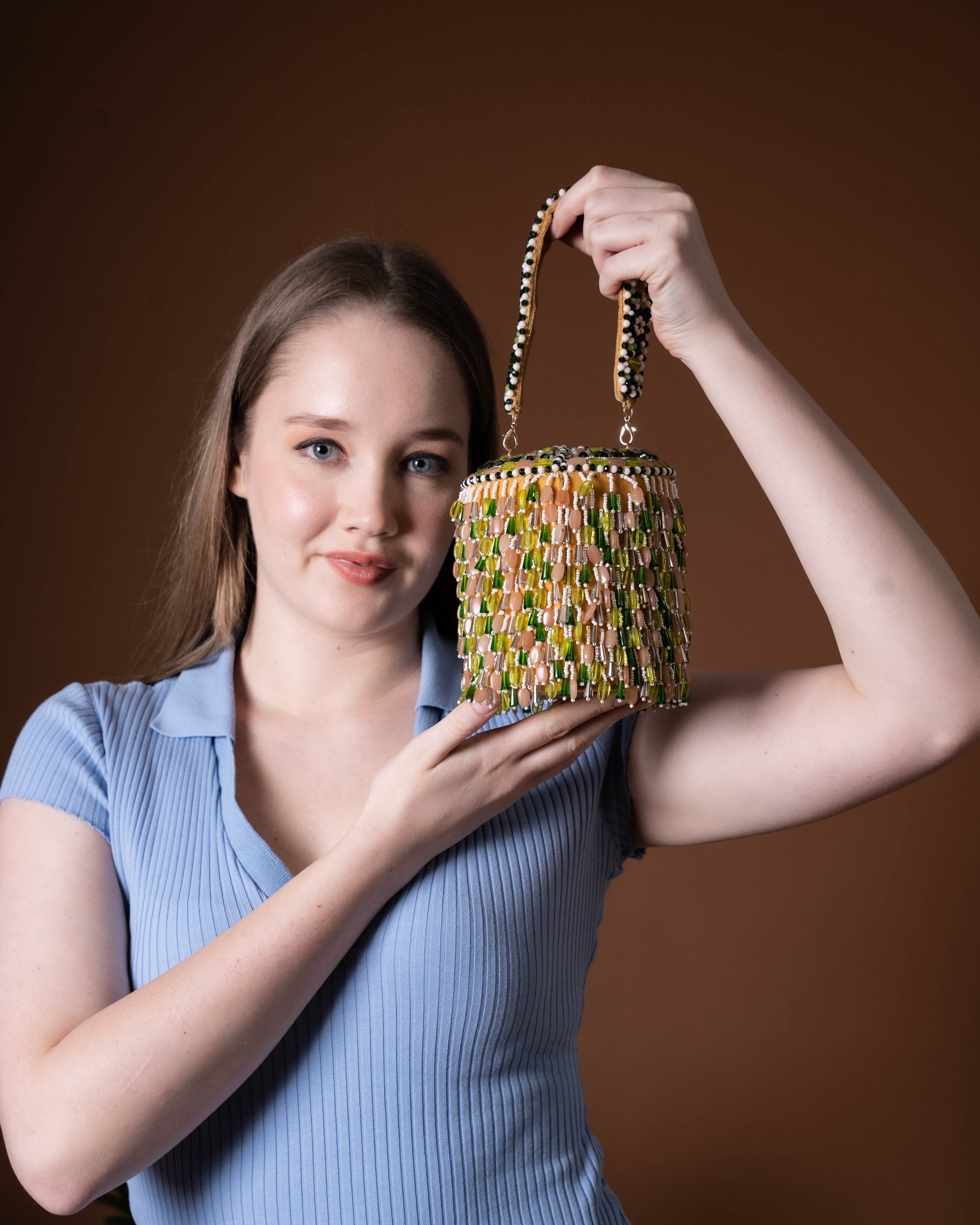 Ameira Green & Nude Crystal Beaded Box Bag