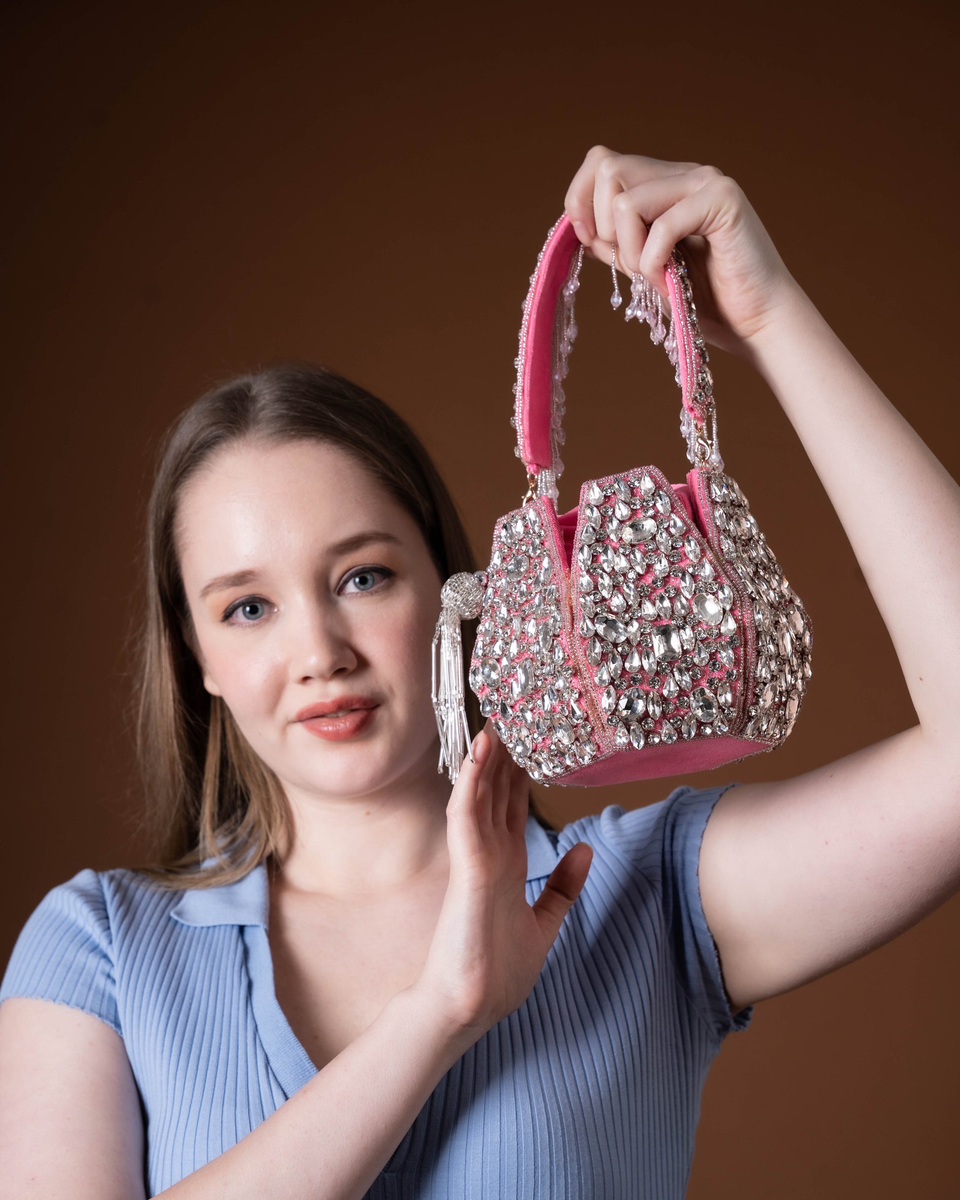 Noor Pink Crystal Potli – Hand-Embellished Velvet Bag with Fringe Handle