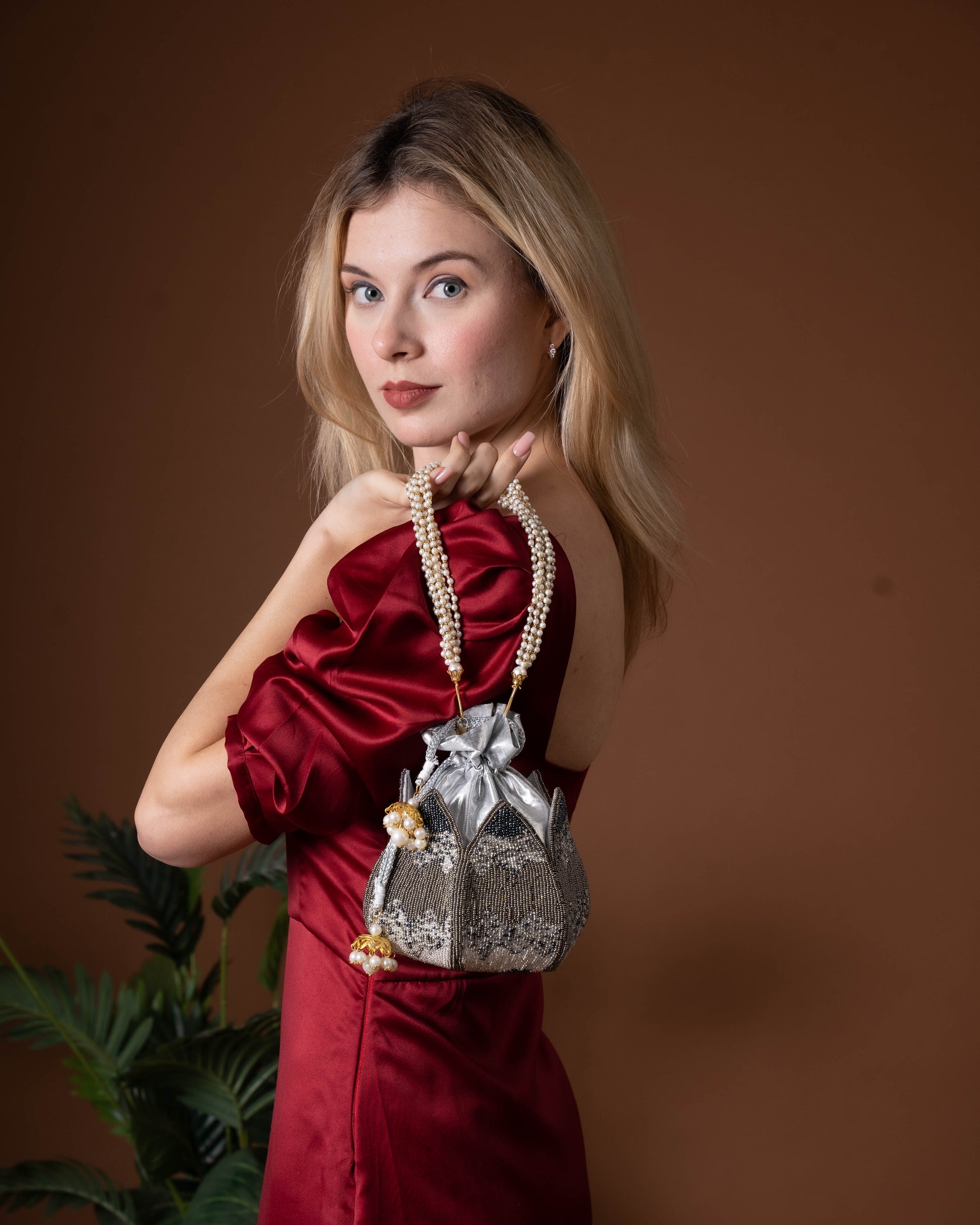 "Midnight Mirage" – Luxury Silver Beaded Lotus Potli Bag with Pearl Handle