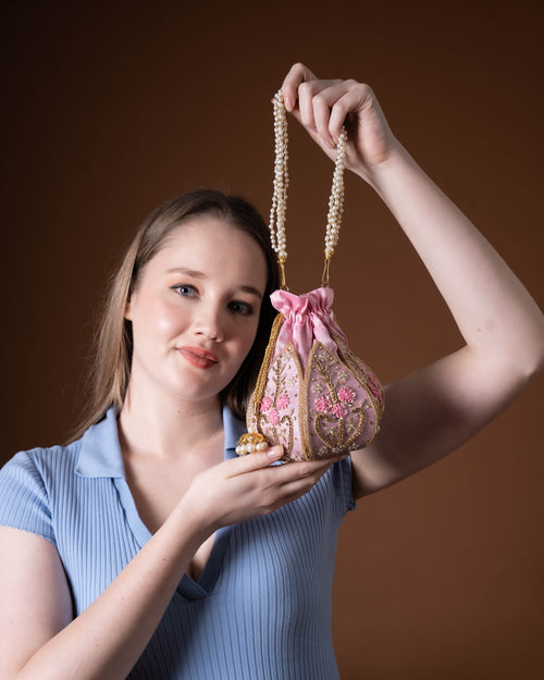 "The Blush Lotus" – Handcrafted Pearl Handle Evening Potli Bag