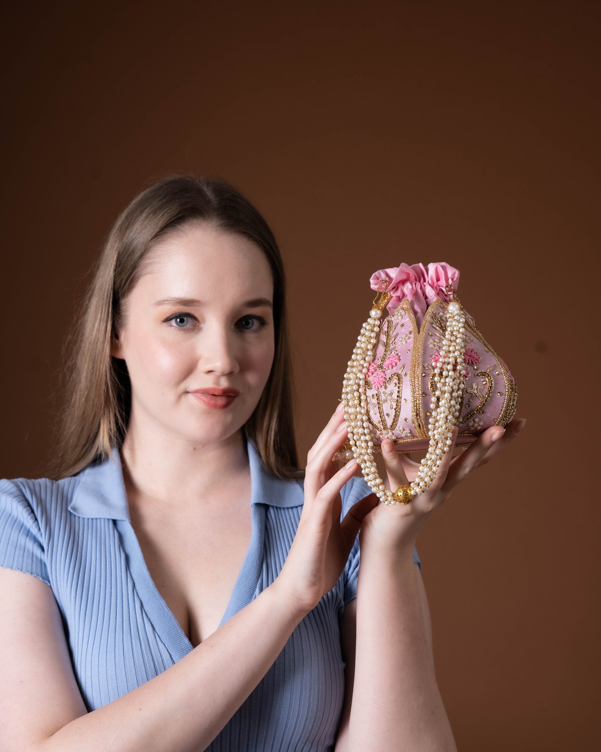 "The Blush Lotus" – Handcrafted Pearl Handle Evening Potli Bag