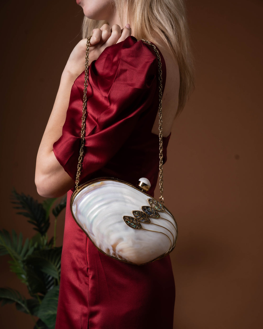 Orlena Bloom MOP Clutch – Mother of Pearl Leaf Embellished Purse