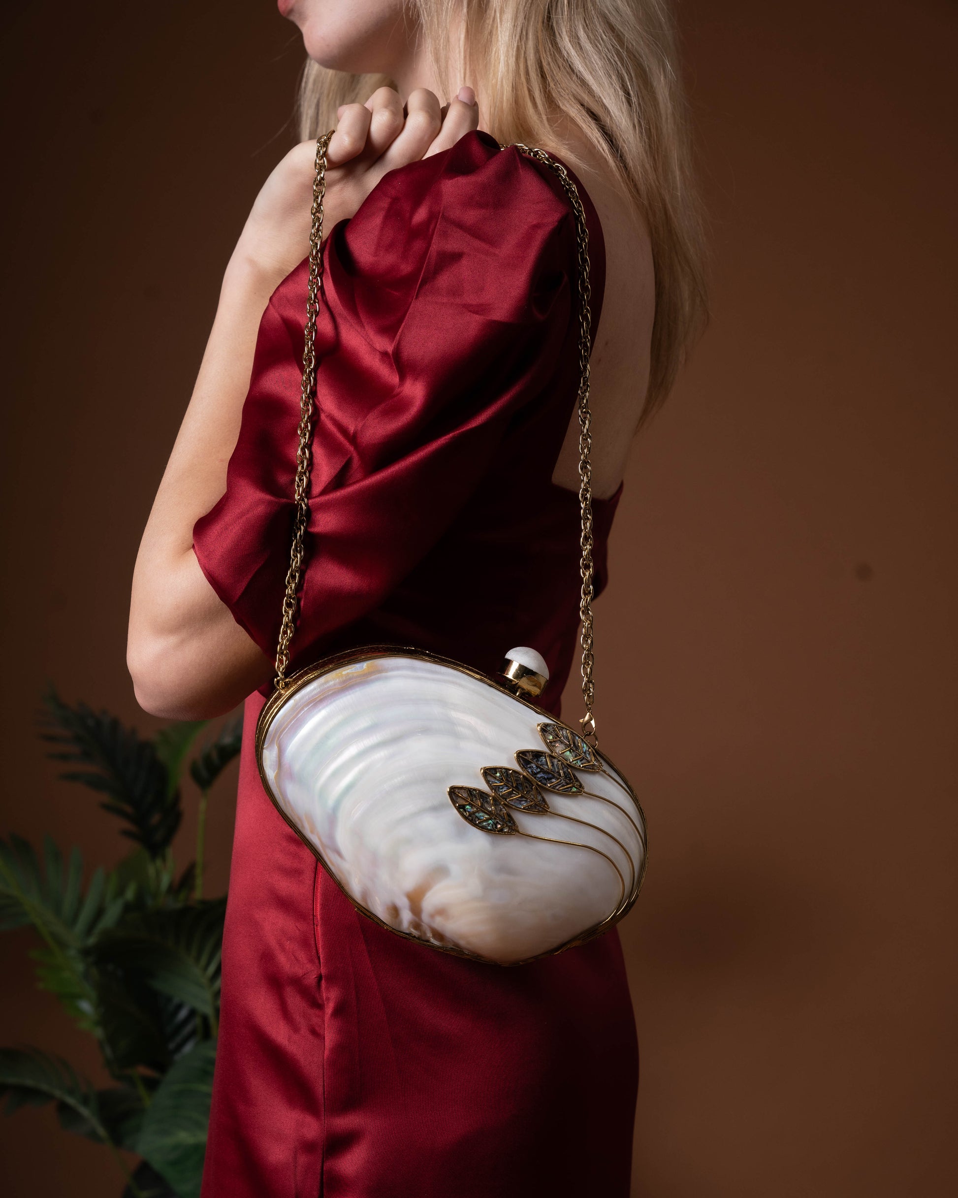 Orlena Bloom MOP Clutch – Mother of Pearl Leaf Embellished Purse