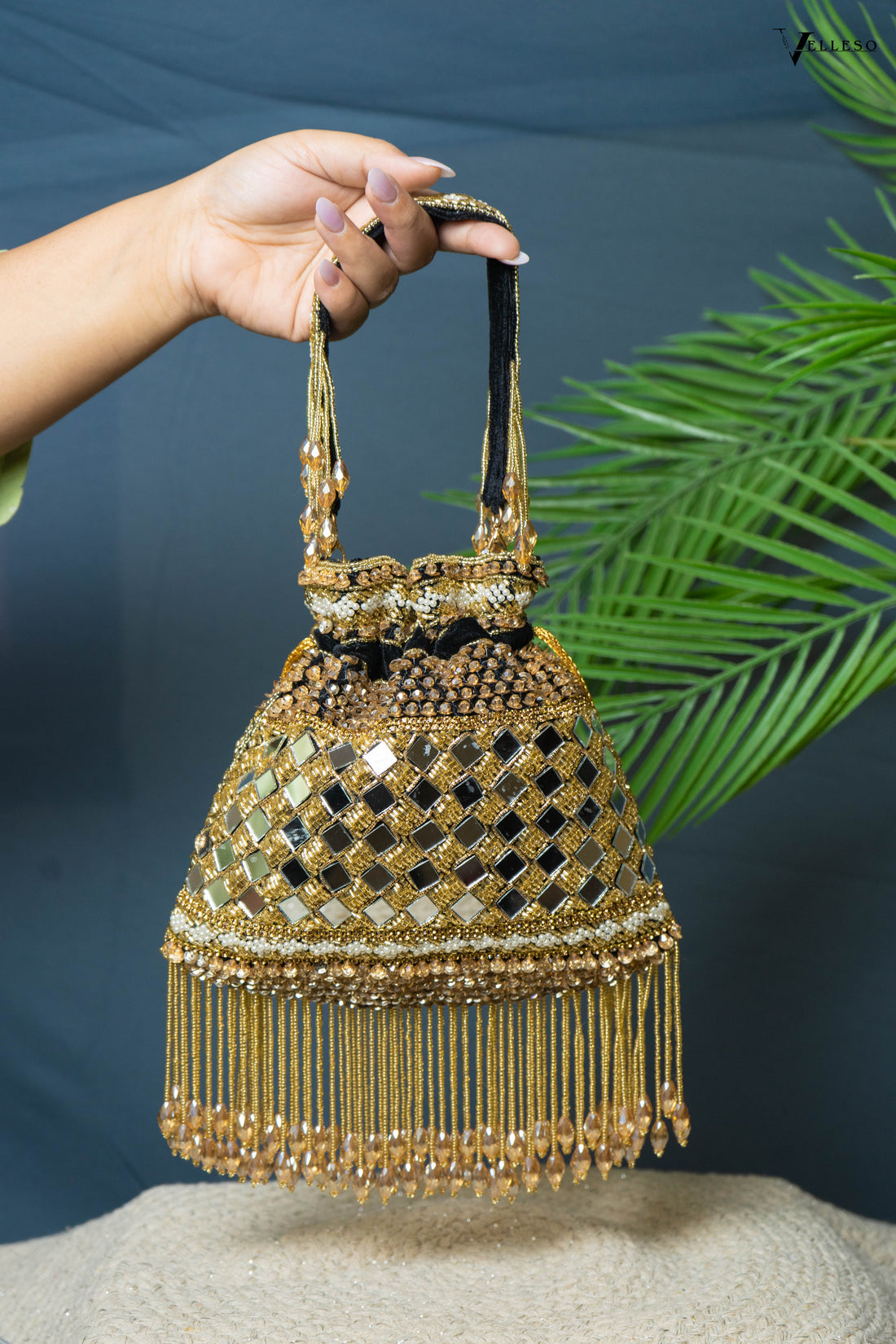 Zehra Mirror Embellished Fringe Potli Bag