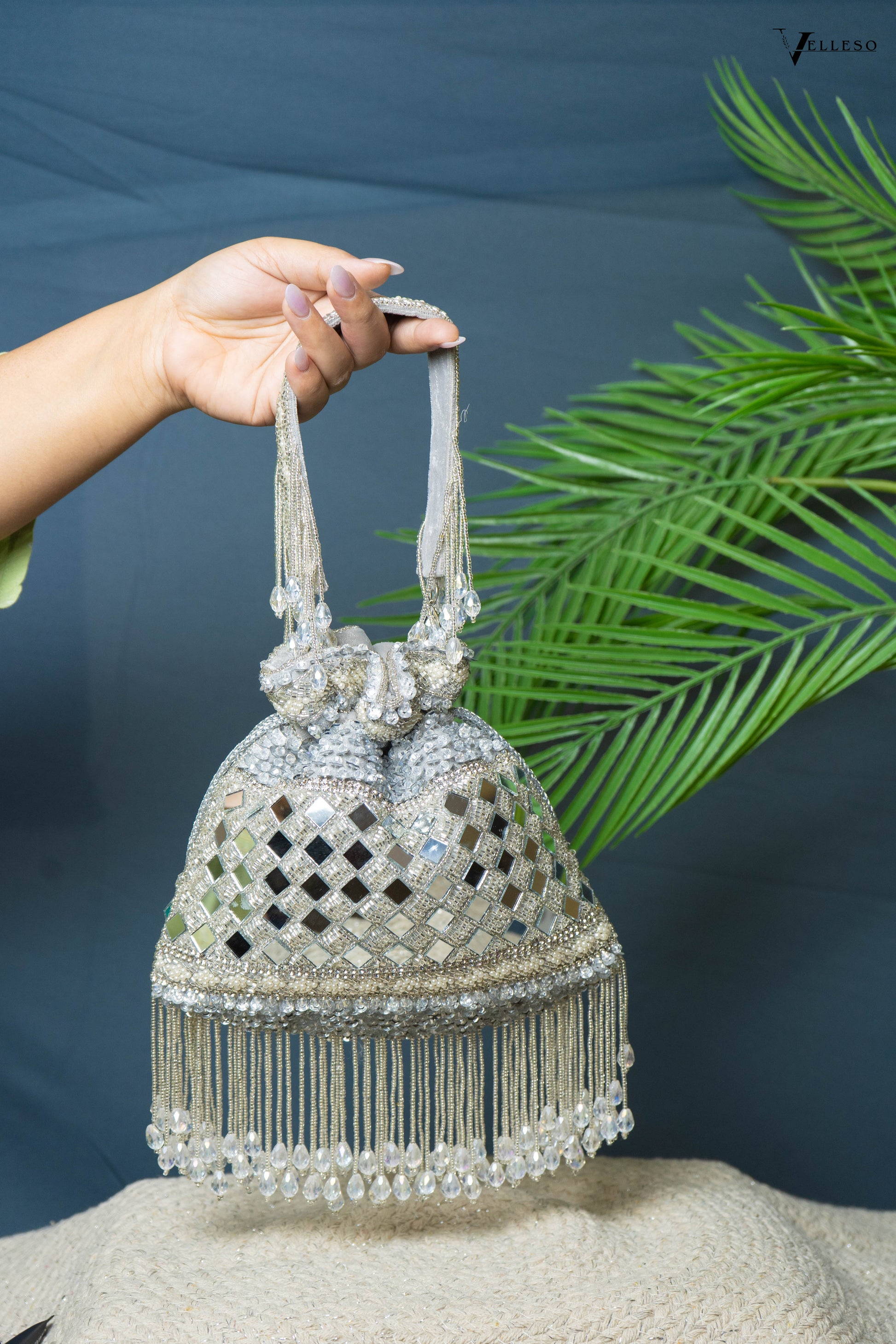 Zehra Mirror Embellished Fringe Potli Bag