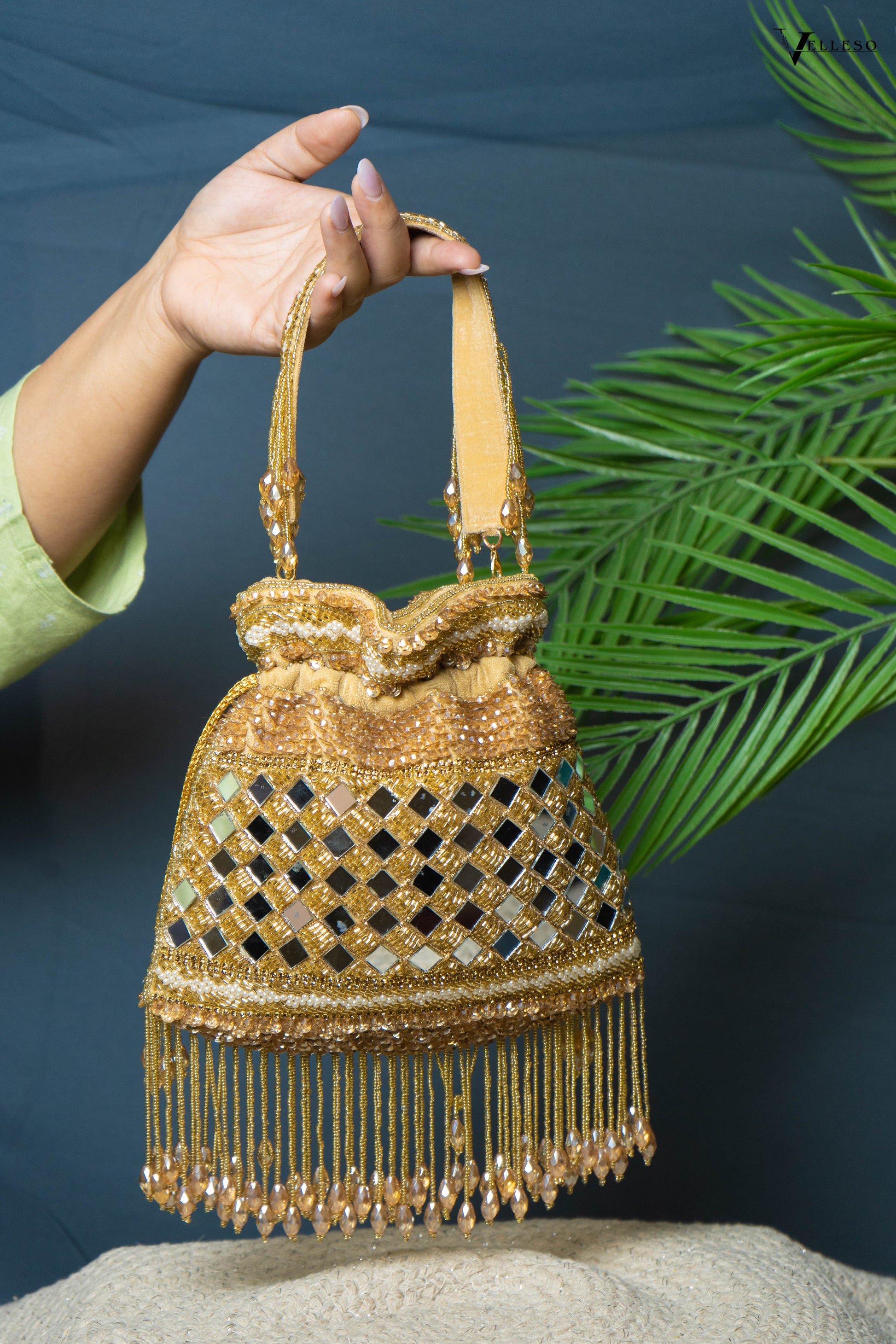 Zehra Mirror Embellished Fringe Potli Bag