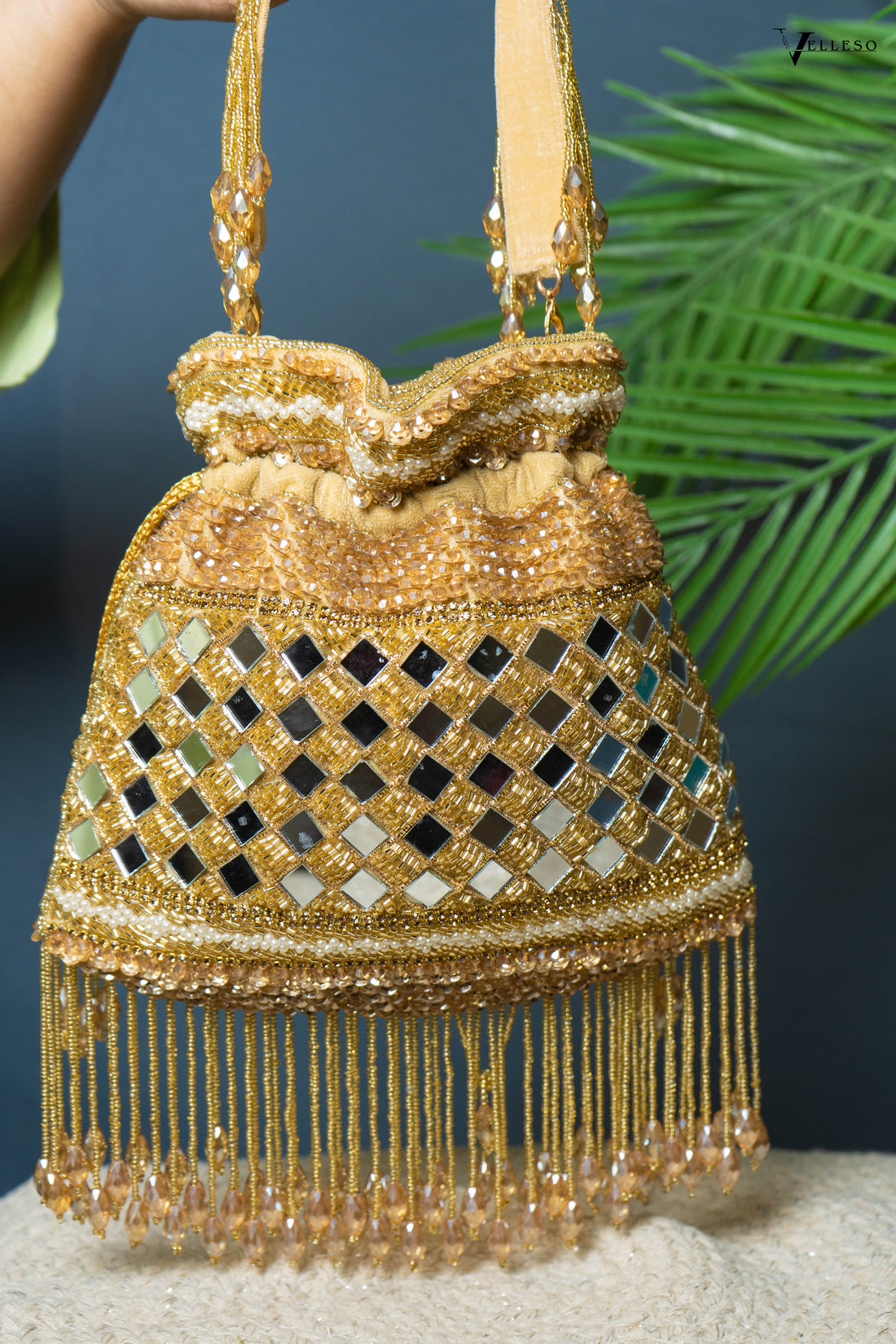 Zehra Mirror Embellished Fringe Potli Bag