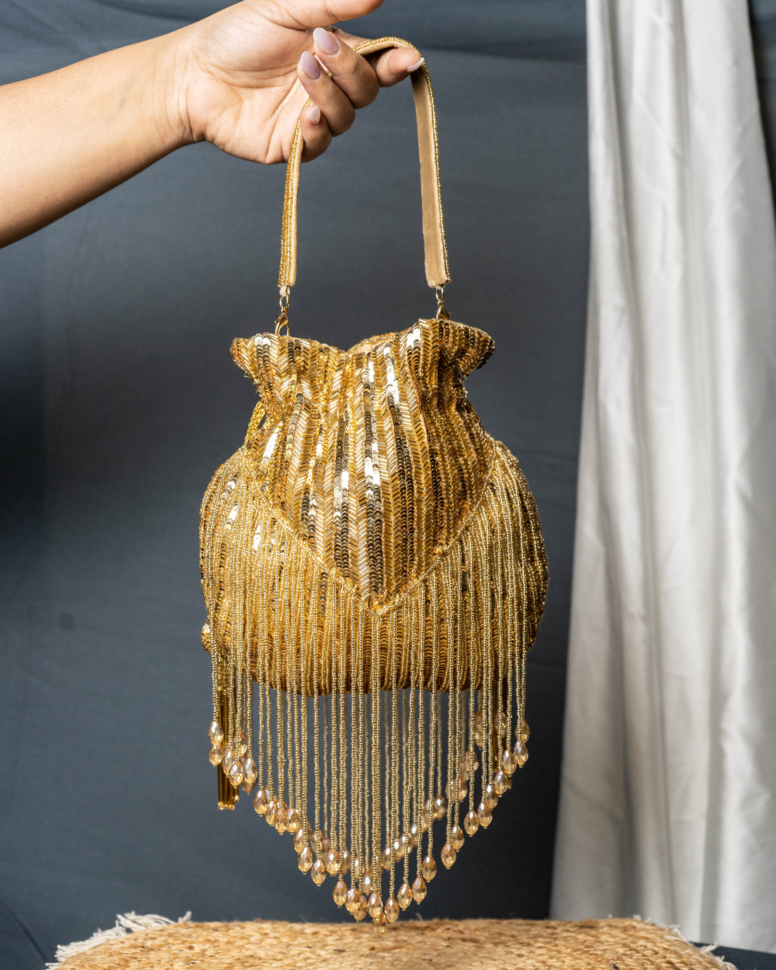 Sitara Gold Fringe Potli – Hand-Beaded Party Bag with Crystal Tassels