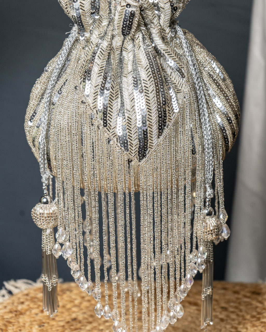 Sitara Silver Fringe Potli – Hand-Beaded Party Bag with Crystal Tassels