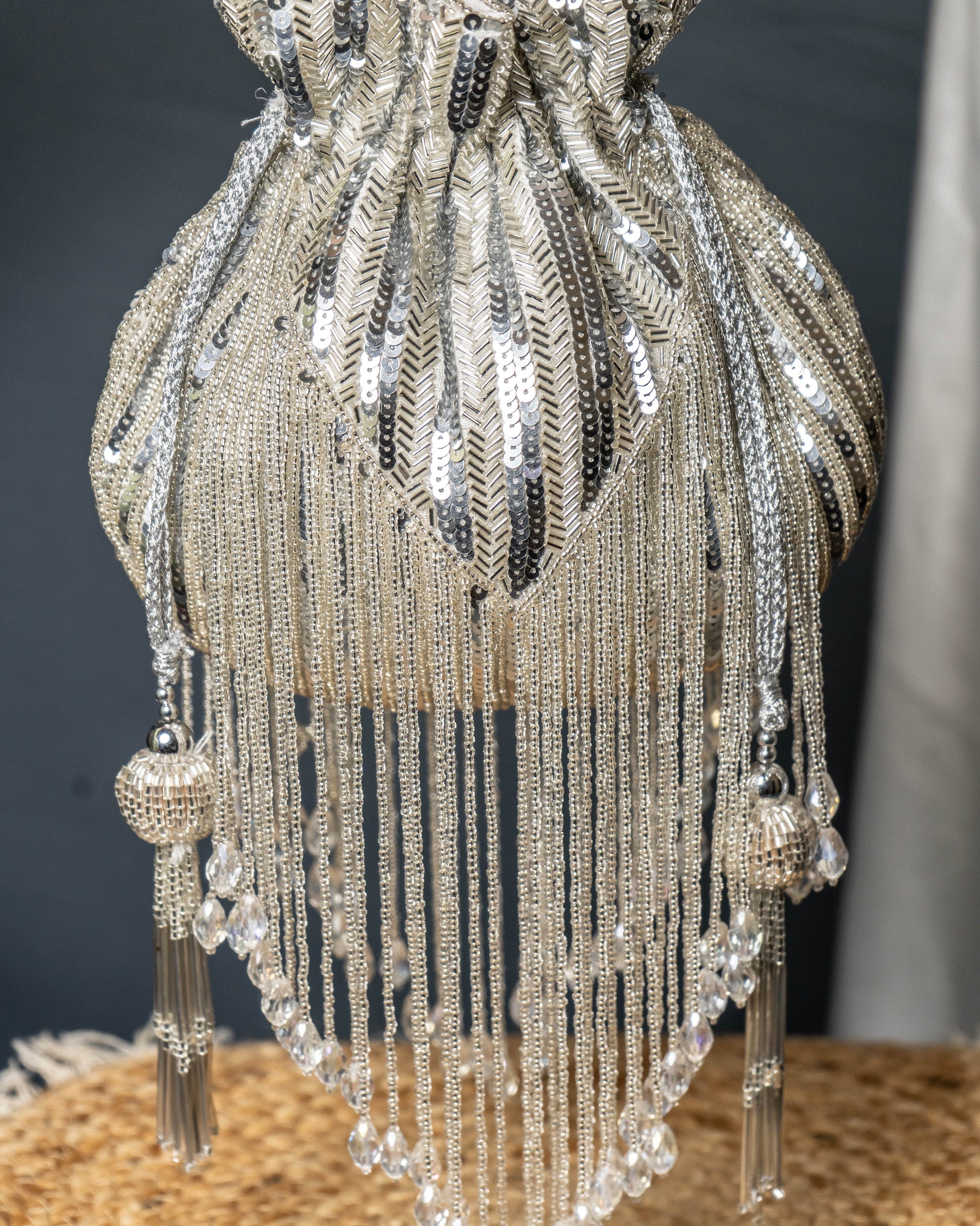 Sitara Silver Fringe Potli – Hand-Beaded Party Bag with Crystal Tassels
