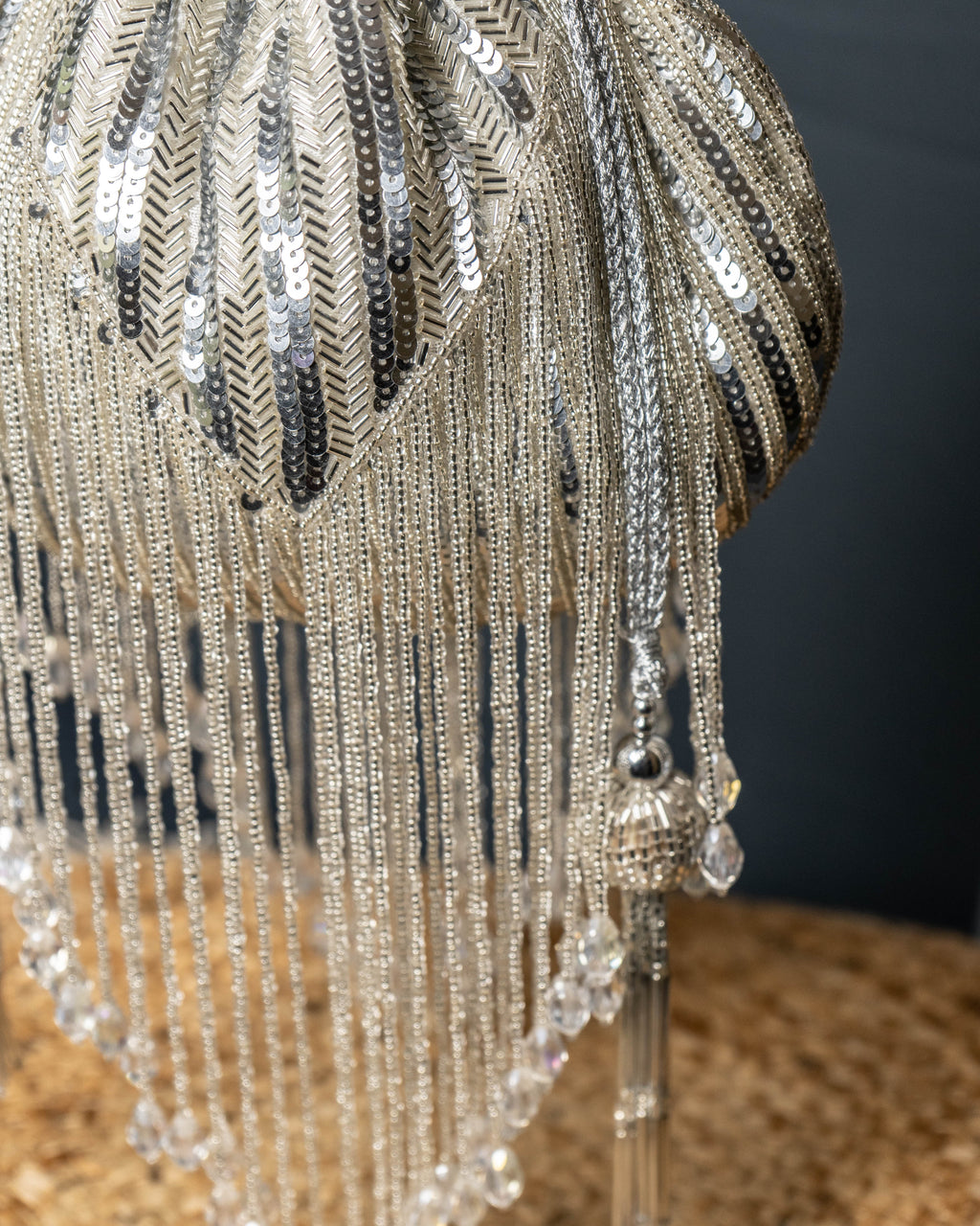 Sitara Silver Fringe Potli – Hand-Beaded Party Bag with Crystal Tassels