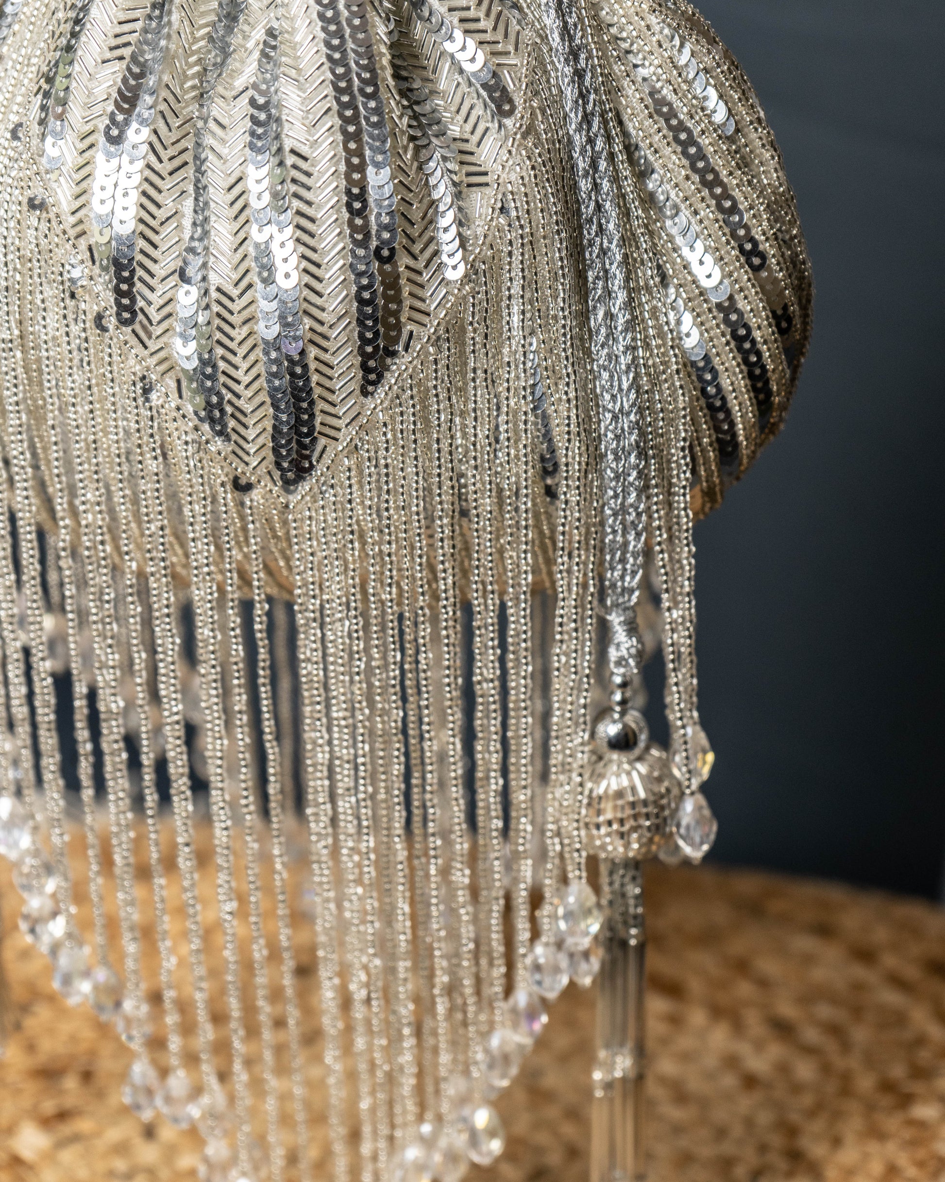 Sitara Silver Fringe Potli – Hand-Beaded Party Bag with Crystal Tassels