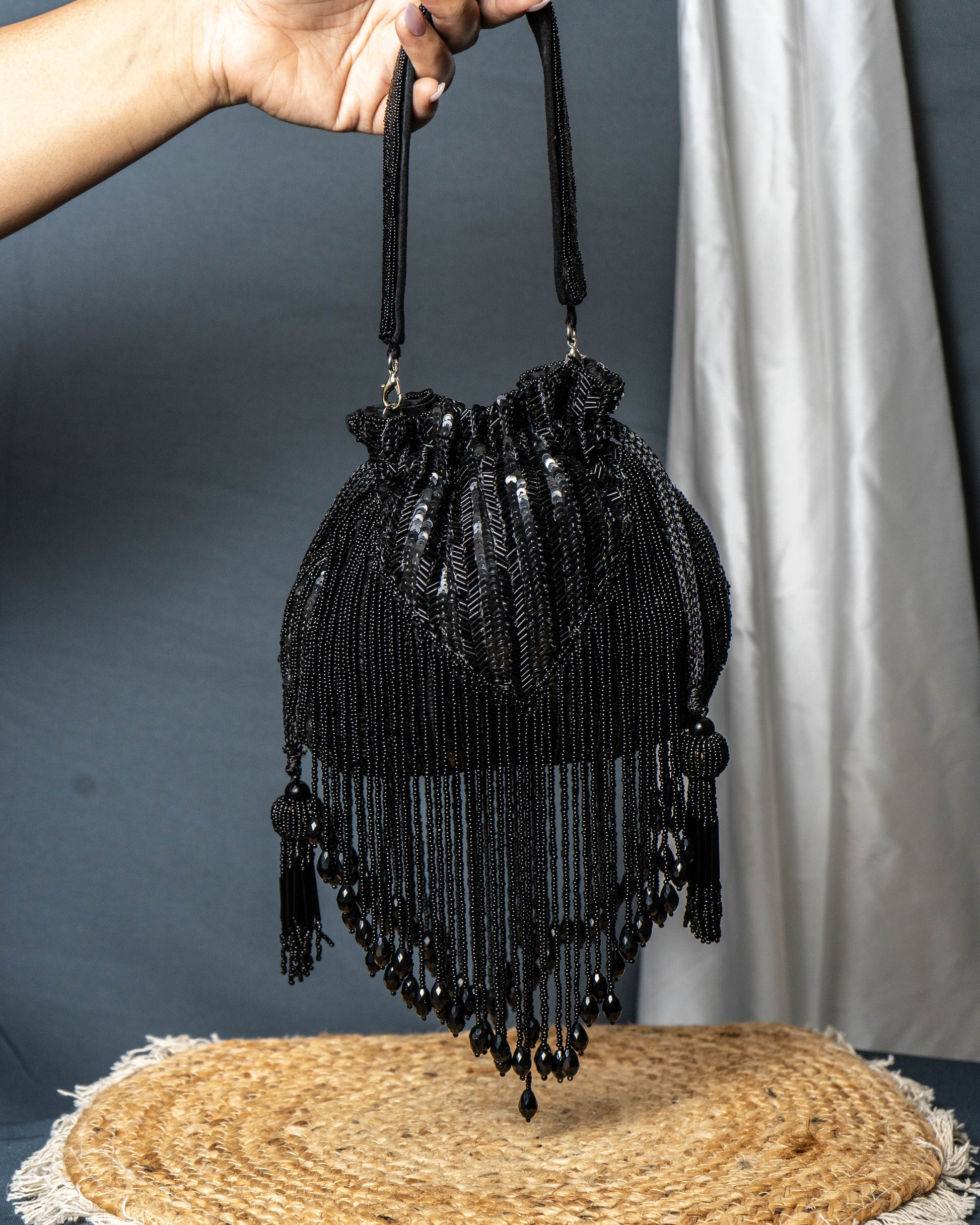 Sitara Silver Fringe Potli – Hand-Beaded Party Bag with Crystal Tassels
