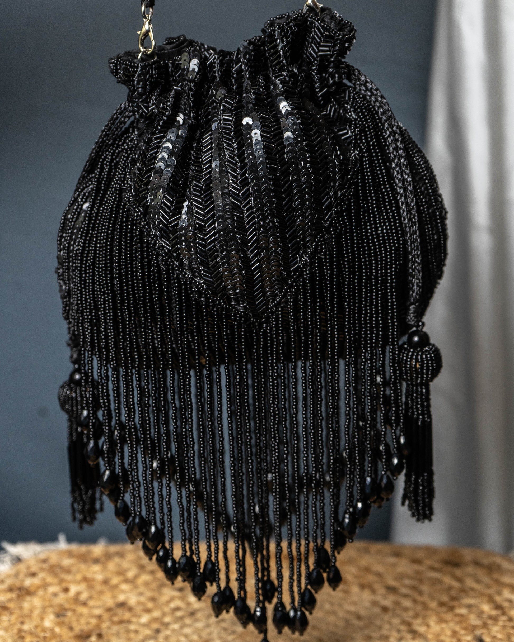 Sitara Black Fringe Potli – Hand-Beaded Party Bag with Crystal Tassels
