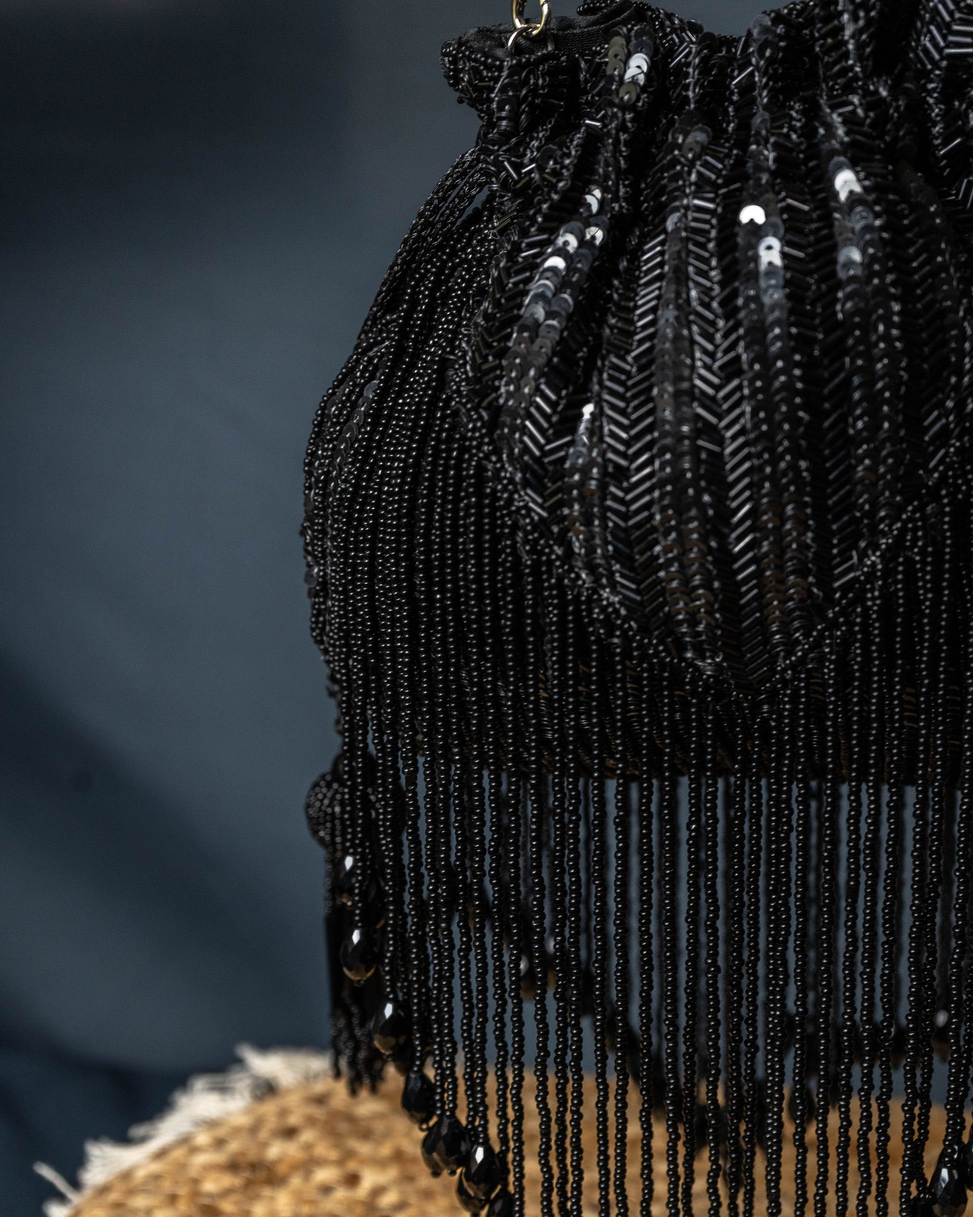 Sitara Black Fringe Potli – Hand-Beaded Party Bag with Crystal Tassels