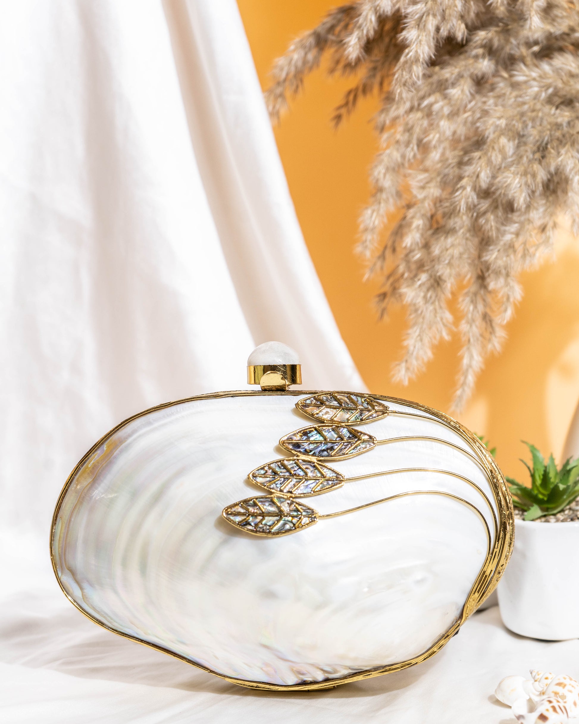 Orlena Bloom MOP Clutch – Mother of Pearl Leaf Embellished Purse