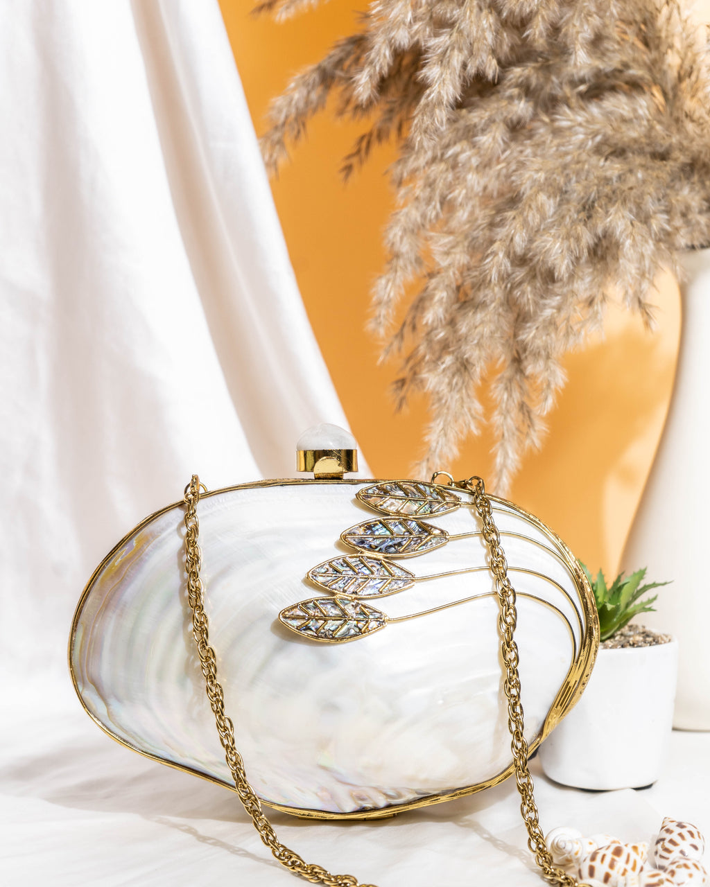 Orlena Bloom MOP Clutch – Mother of Pearl Leaf Embellished Purse