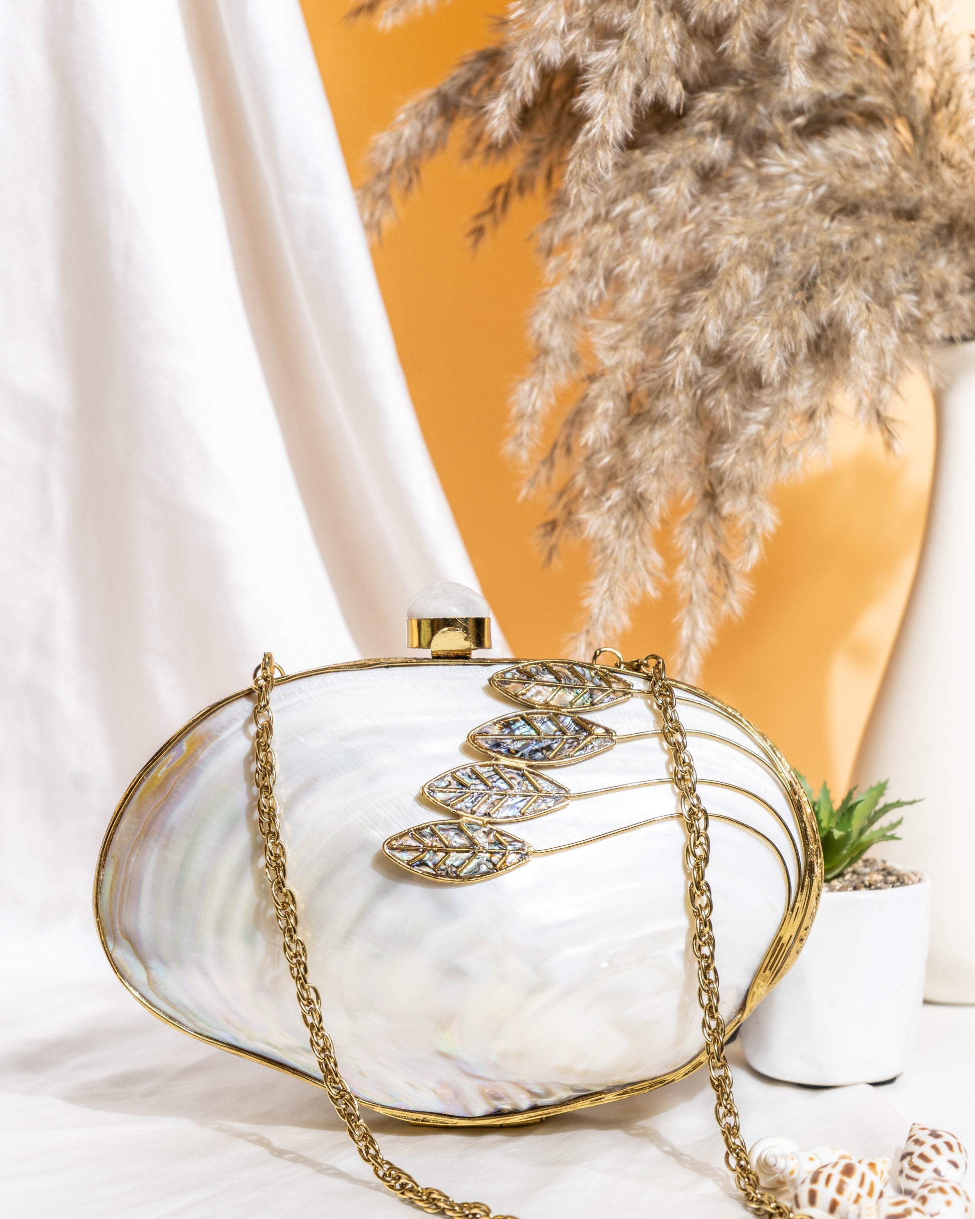 Orlena Bloom MOP Clutch – Mother of Pearl Leaf Embellished Purse