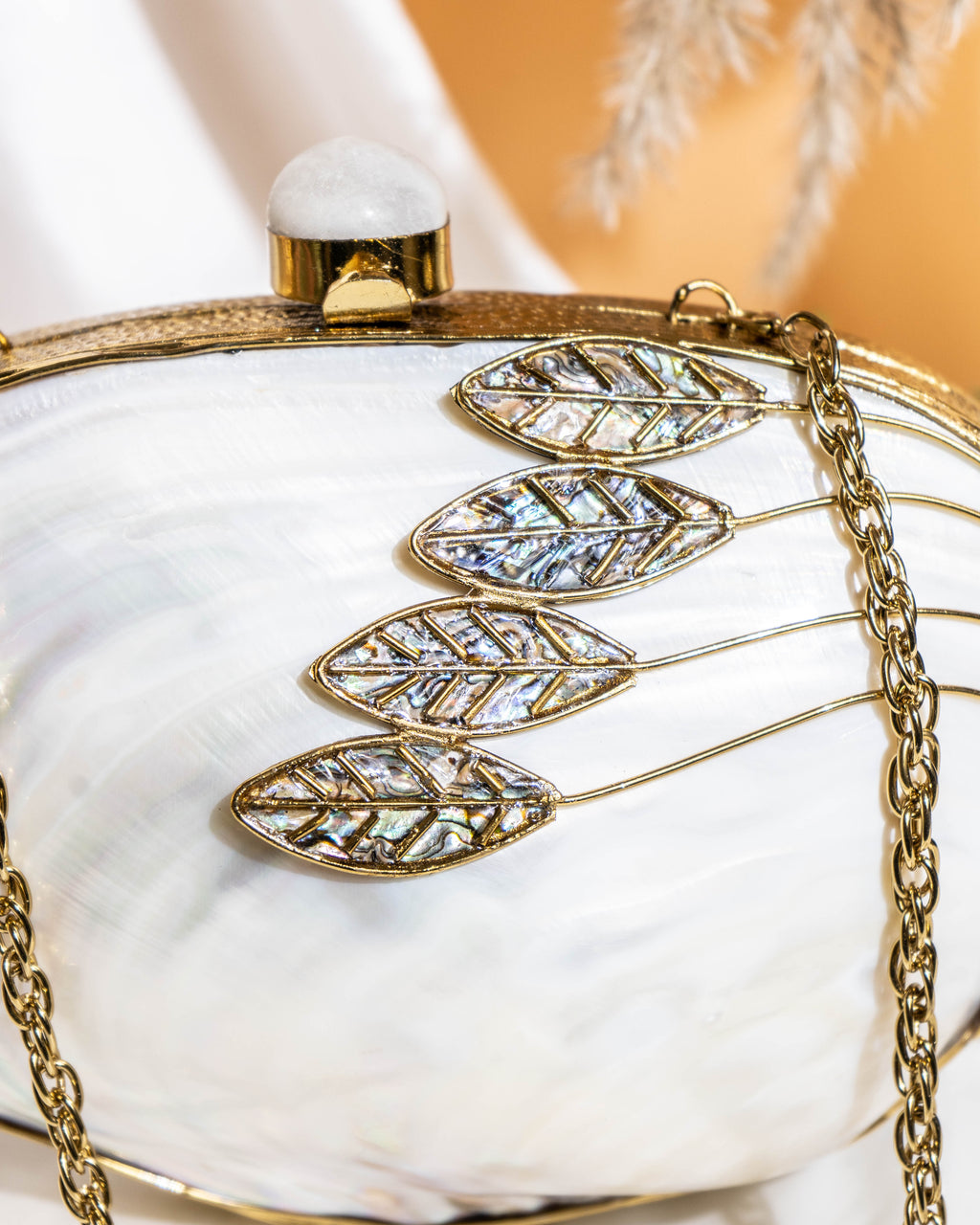 Orlena Bloom MOP Clutch – Mother of Pearl Leaf Embellished Purse