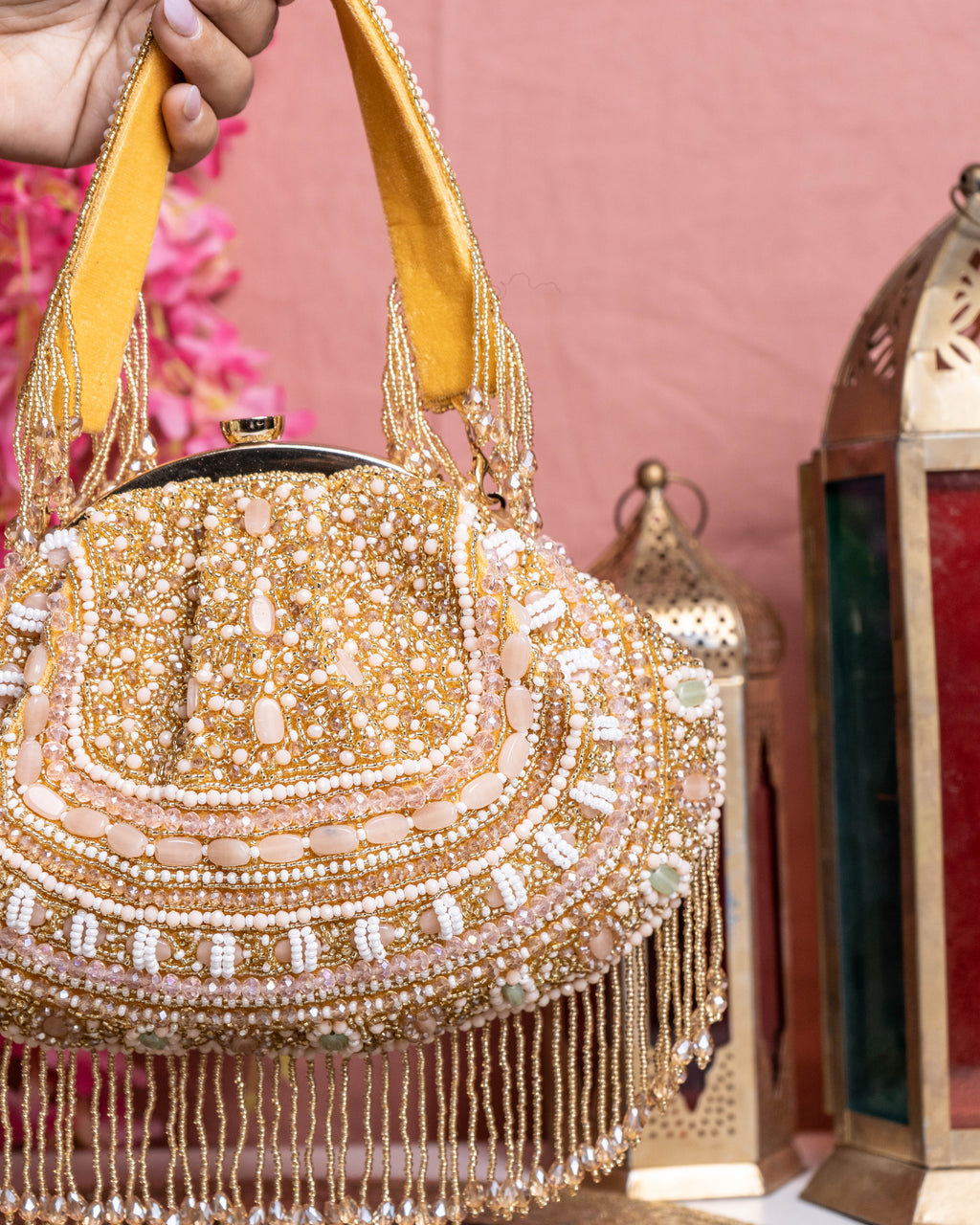 Golden Beaded Handbag with Fringe Detailing