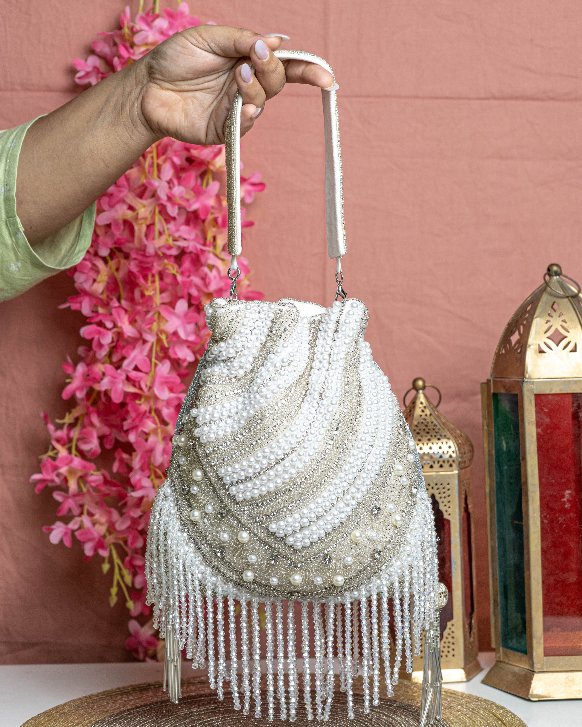 Aurelia Fringe Potli – Handcrafted Pearl Swirl Purse