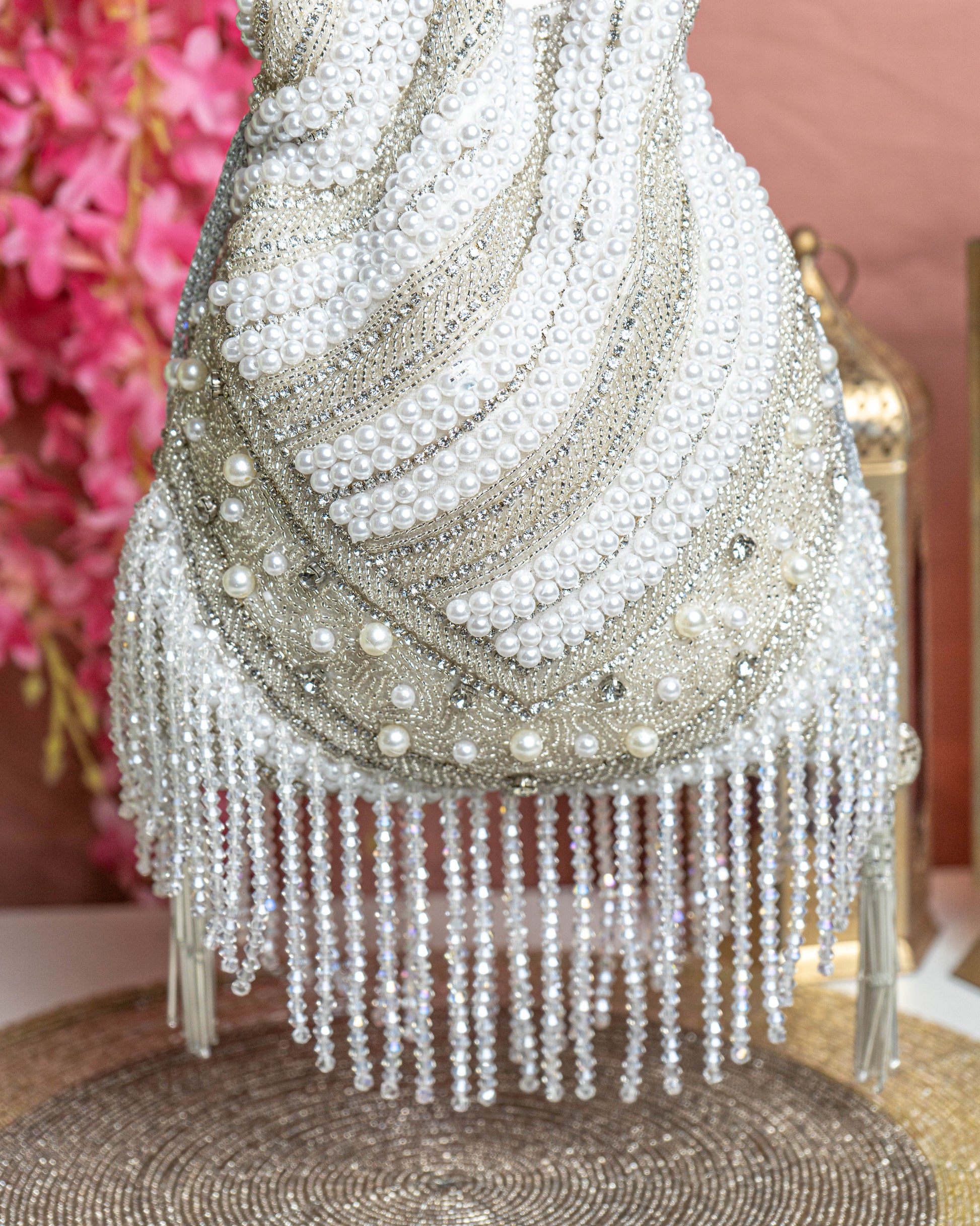 Aurelia Fringe Potli – Handcrafted Pearl Swirl Purse