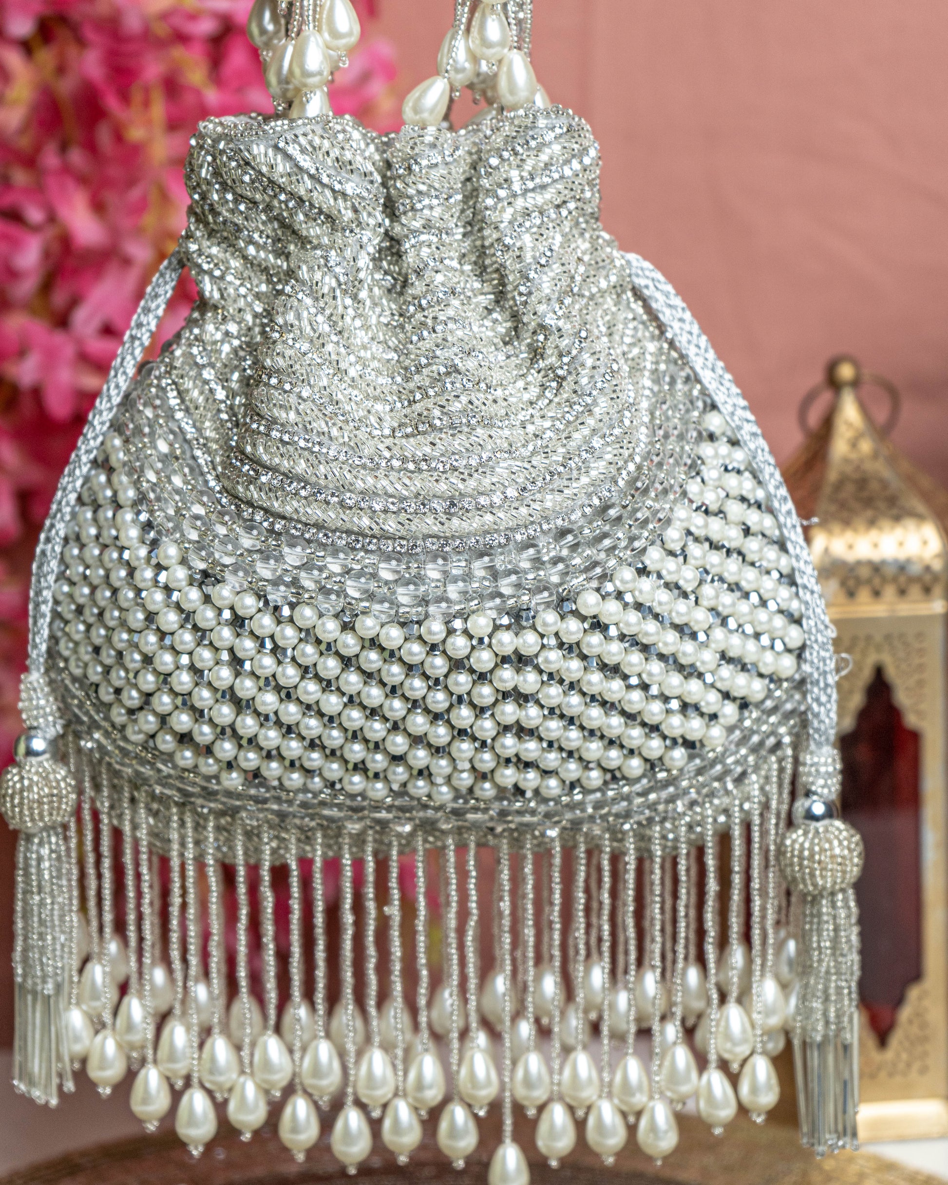Seraphina Gleam Potli – Silver Pearl Drop Embellished Bag