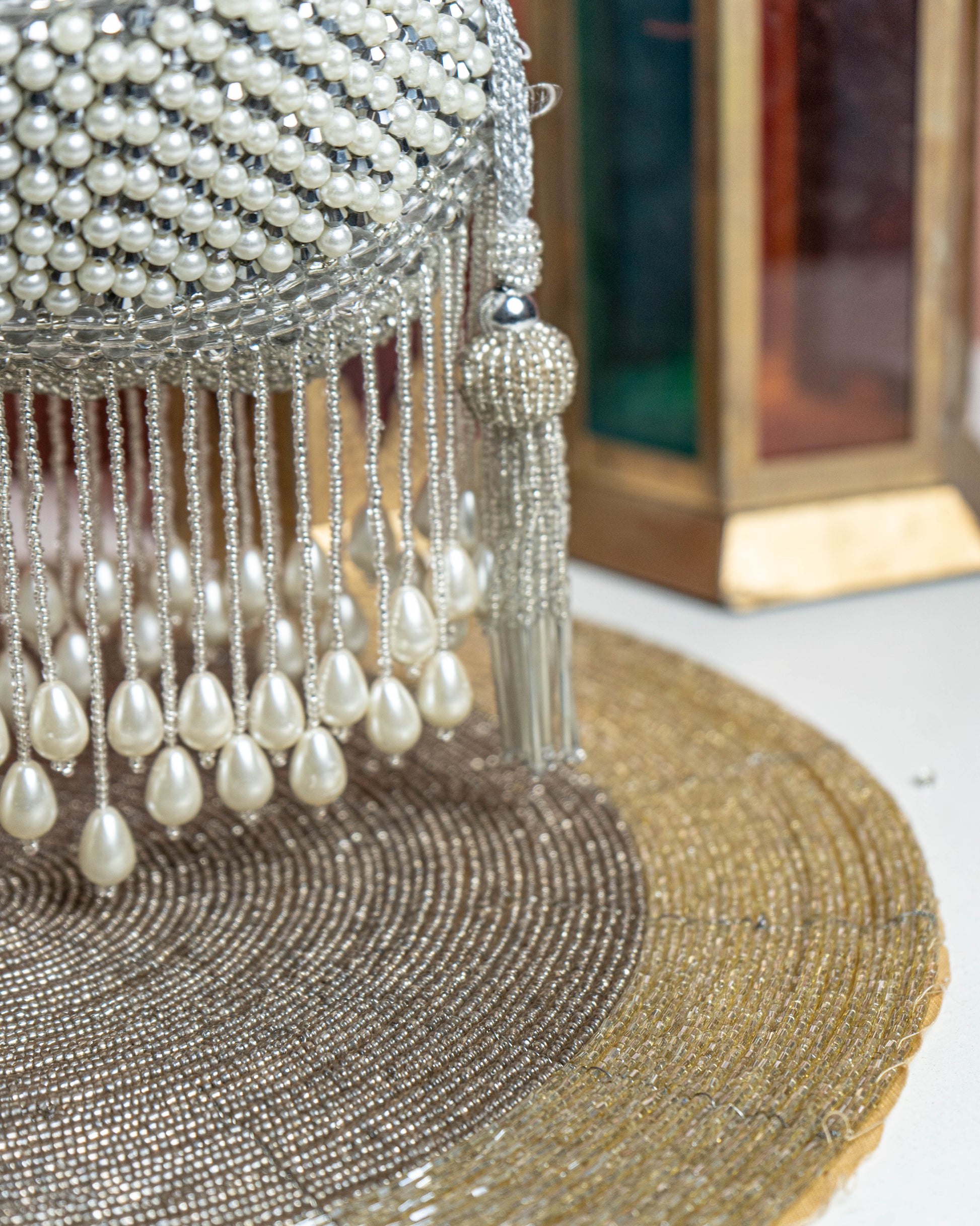 Seraphina Gleam Potli – Silver Pearl Drop Embellished Bag