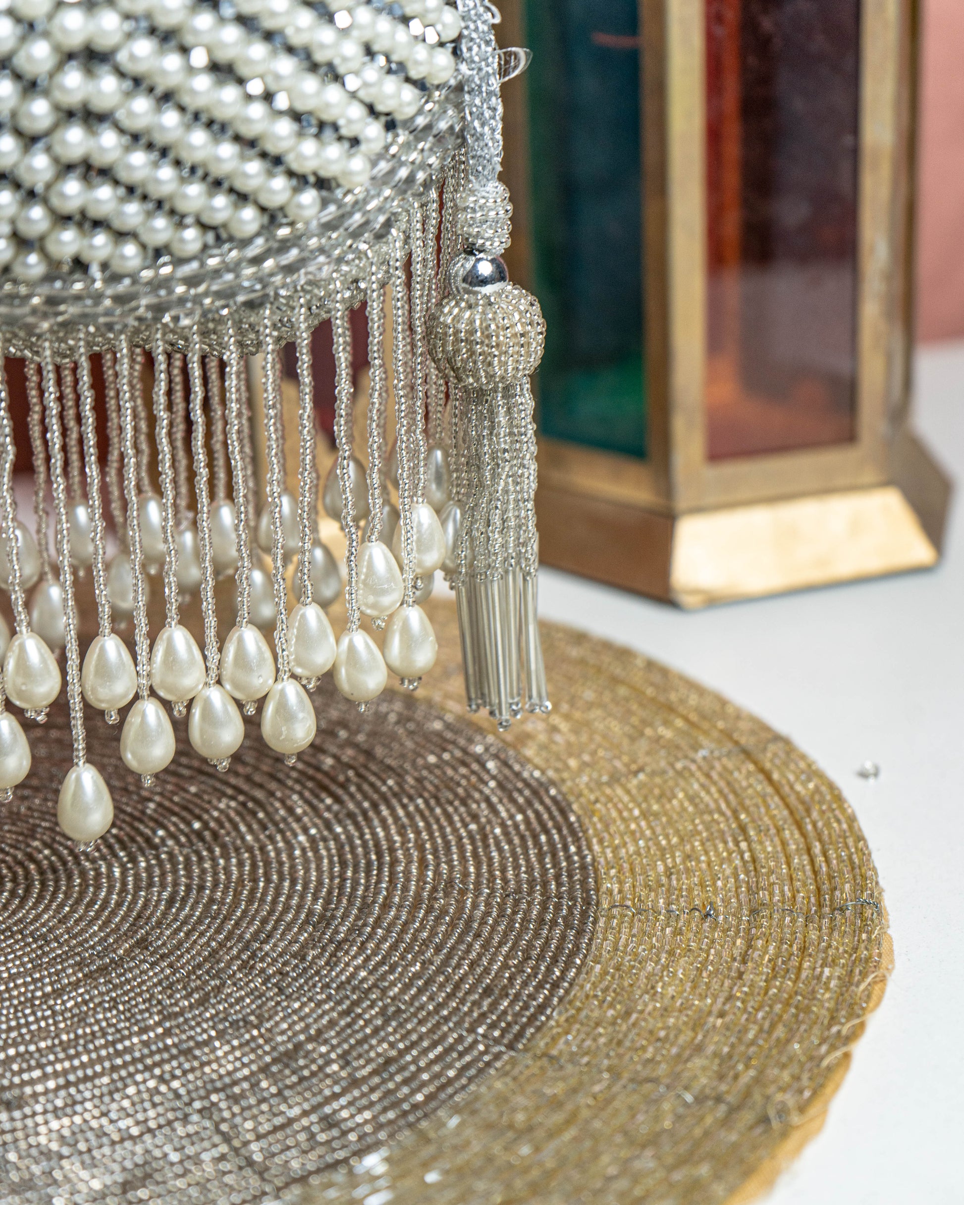 Seraphina Gleam Potli – Silver Pearl Drop Embellished Bag