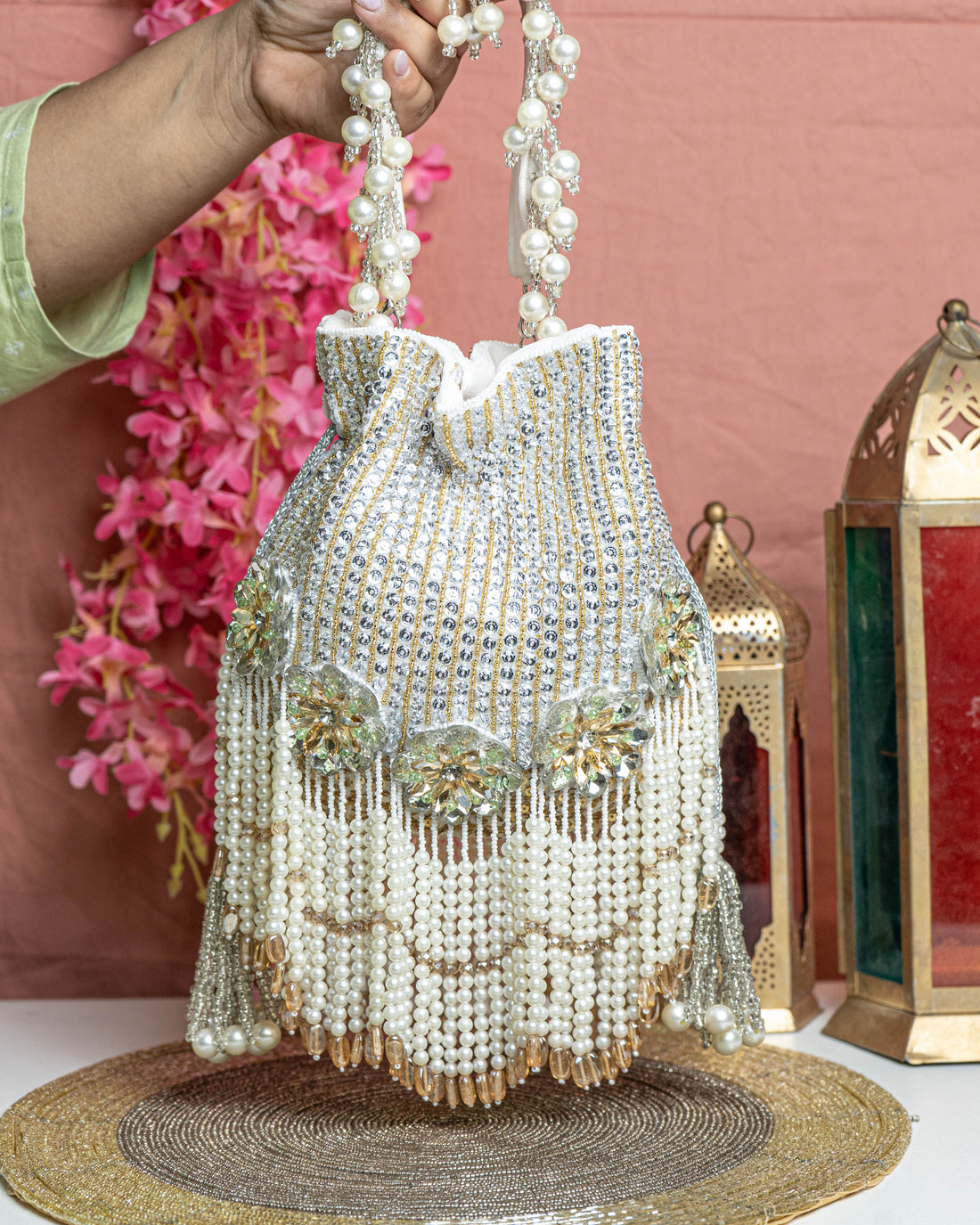 Zariah Radiance Potli Bag – Pearl Cascade Embellished Purse