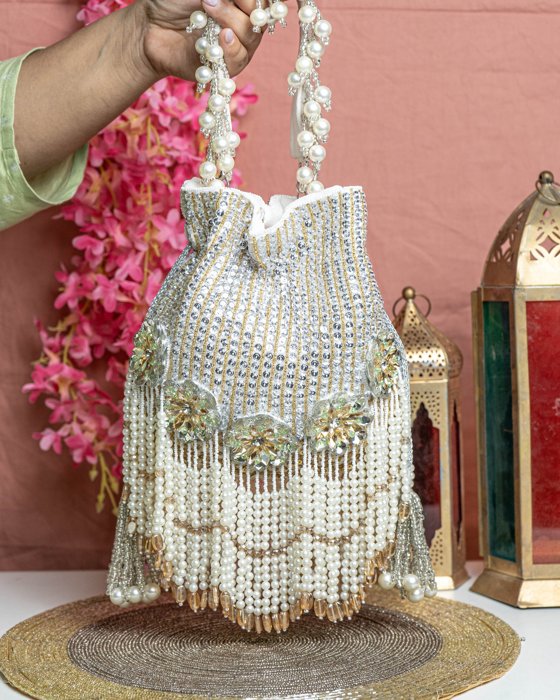 Zariah Radiance Potli Bag – Pearl Cascade Embellished Purse