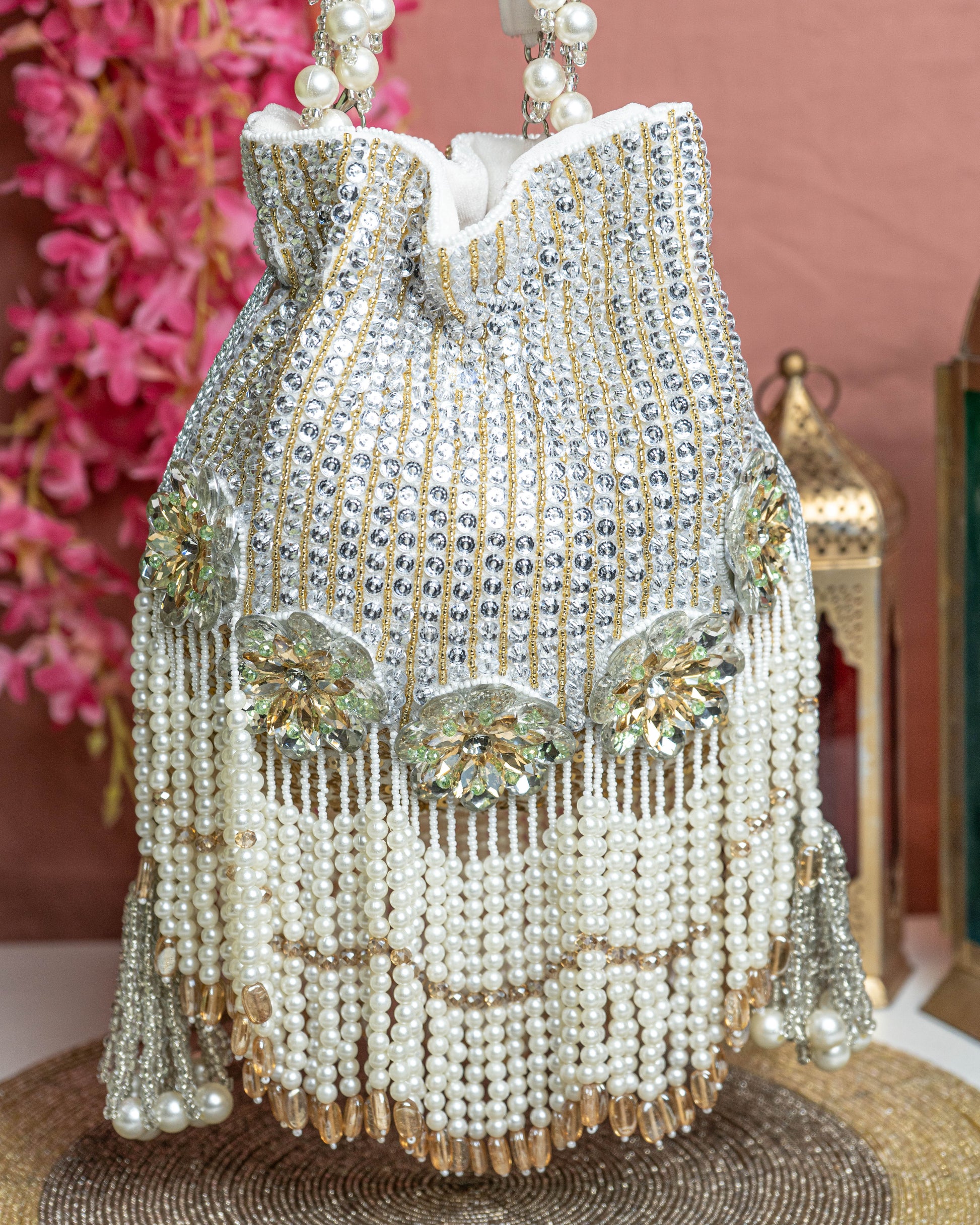 Zariah Radiance Potli Bag – Pearl Cascade Embellished Purse