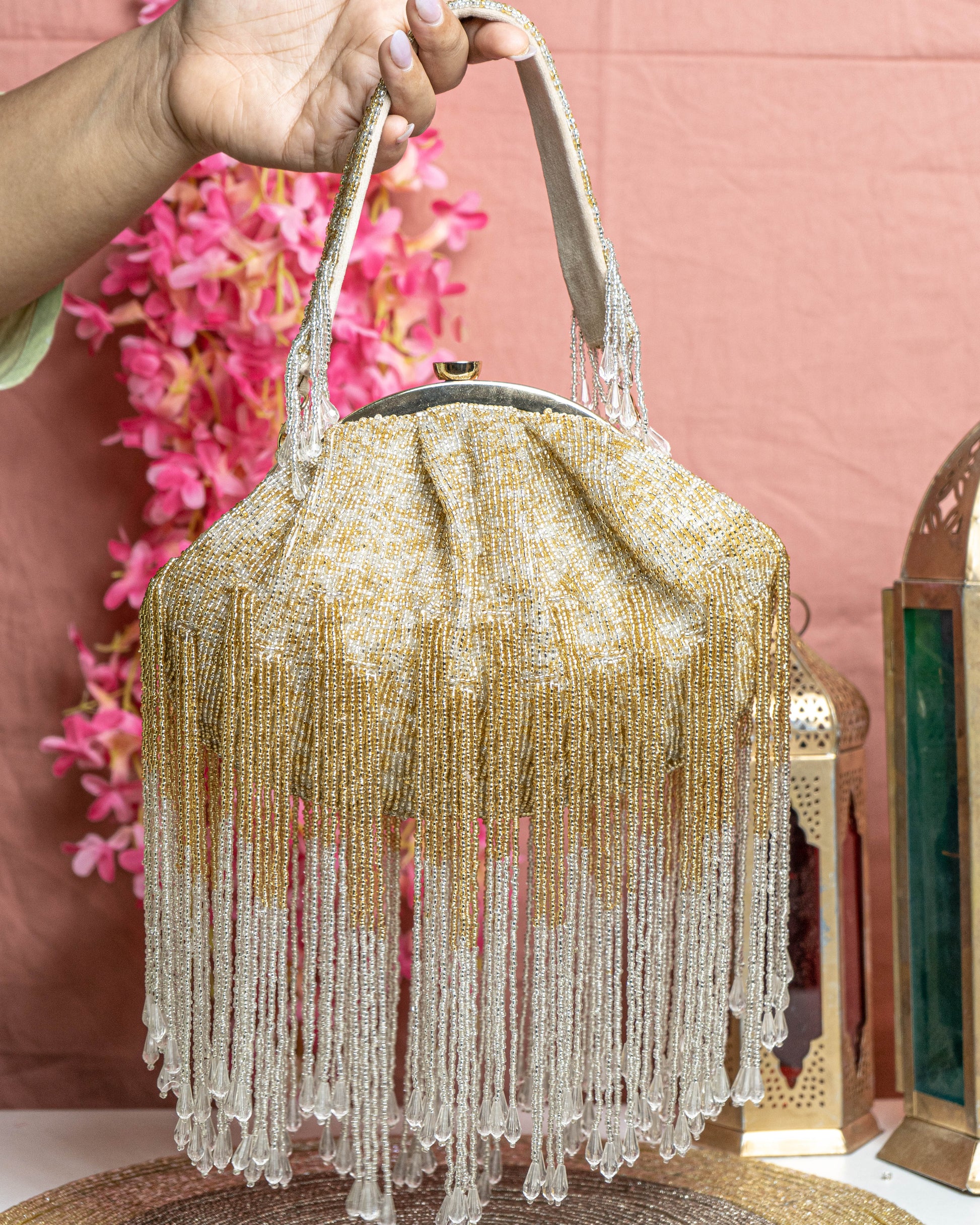 Iliara Bloom – Gold & Ivory Fringe Beaded Purse