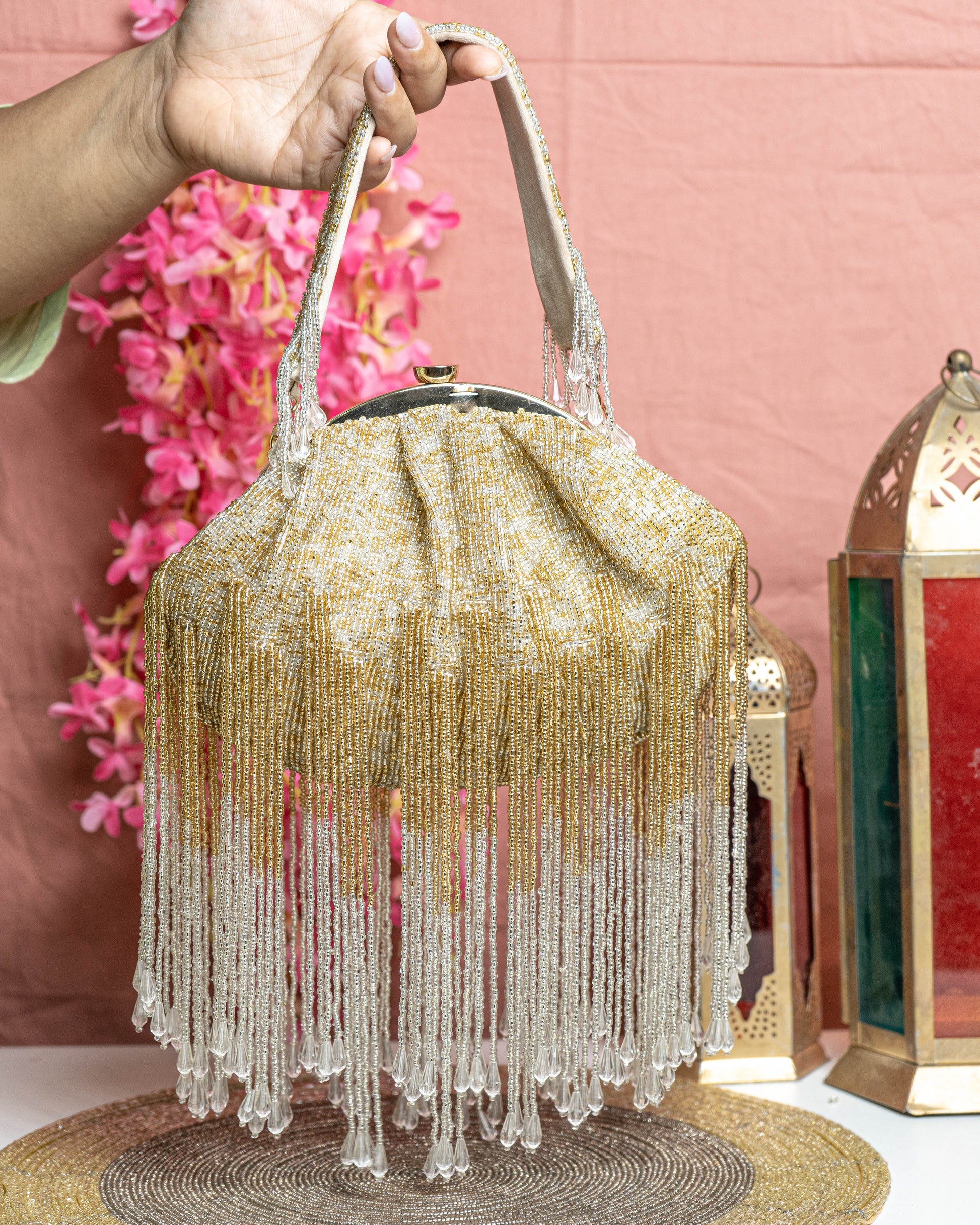 Iliara Bloom – Gold & Ivory Fringe Beaded Purse