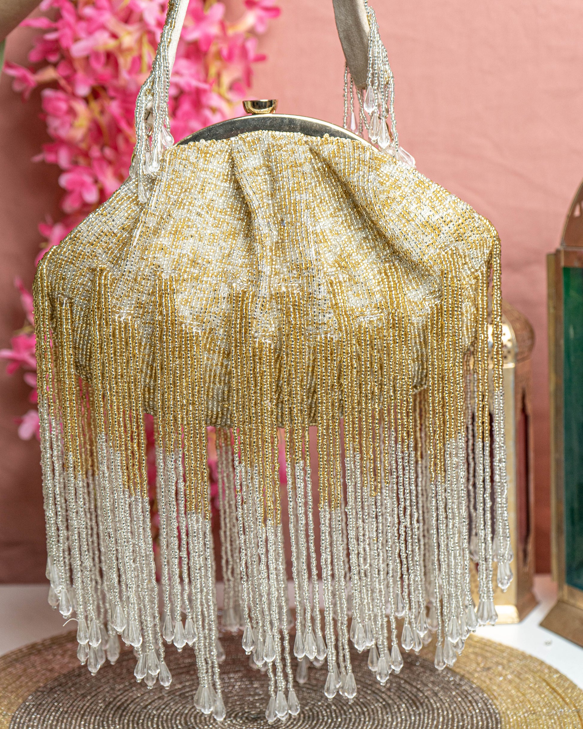 Iliara Bloom – Gold & Ivory Fringe Beaded Purse