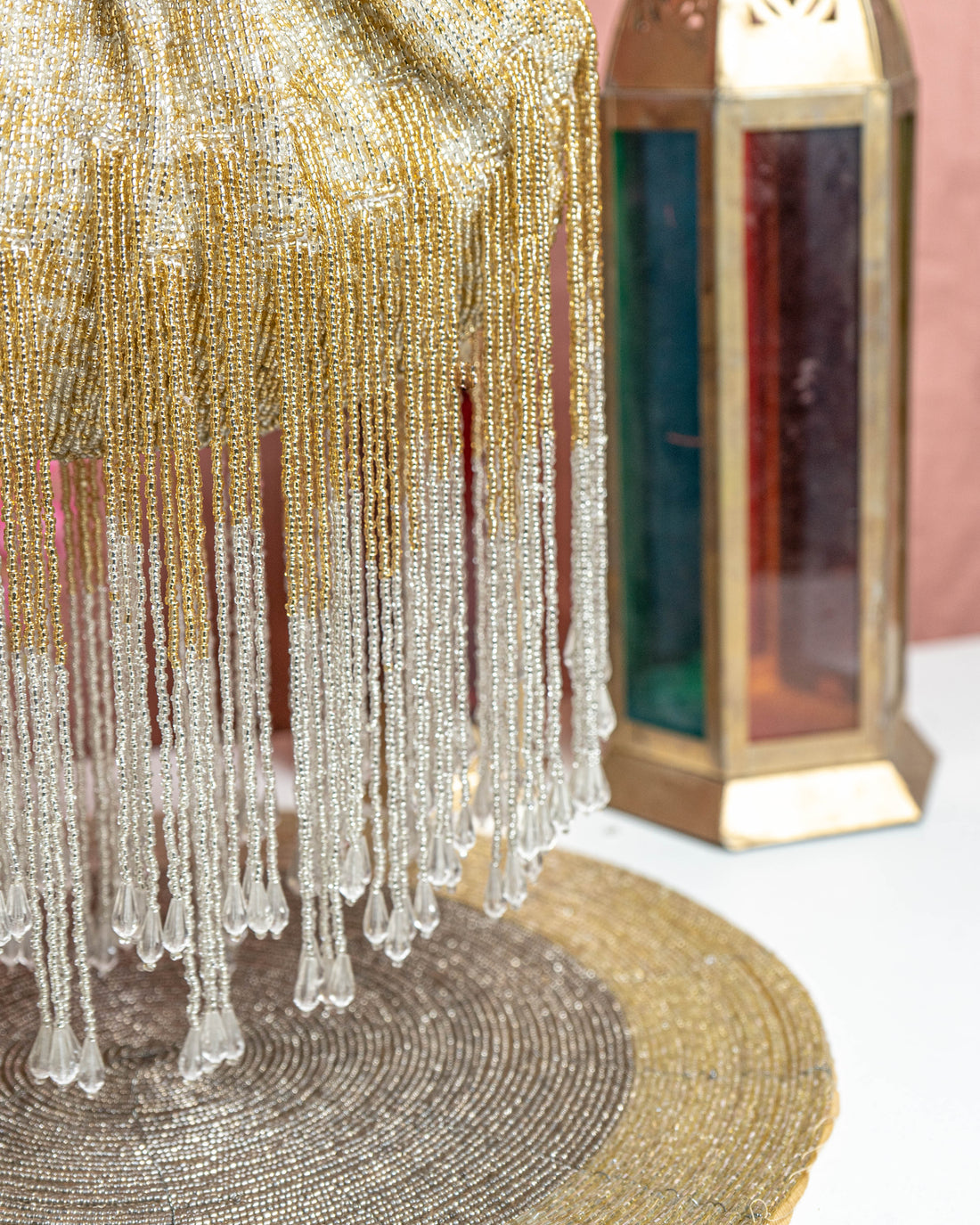 Iliara Bloom – Gold & Ivory Fringe Beaded Purse