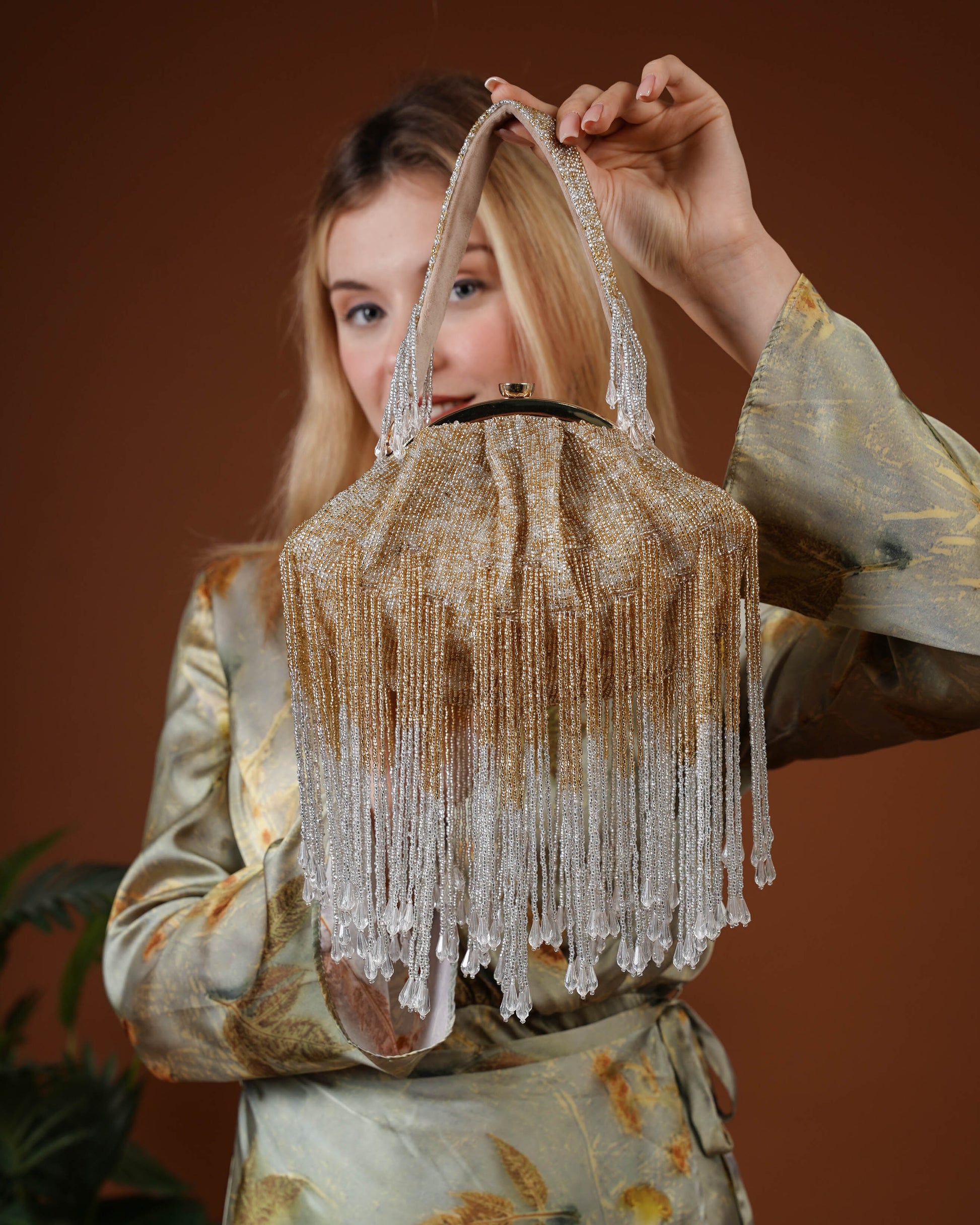 Iliara Bloom – Gold & Ivory Fringe Beaded Purse