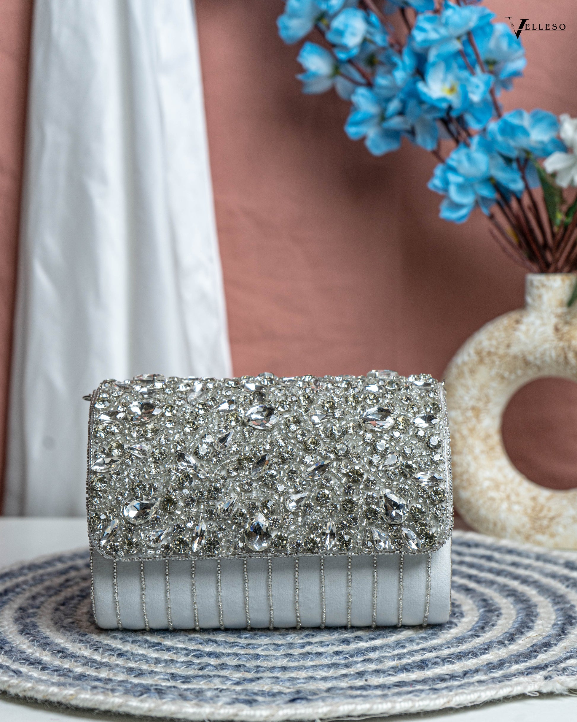 Velleso White Avara Crystal Embellished Flap Over Bag