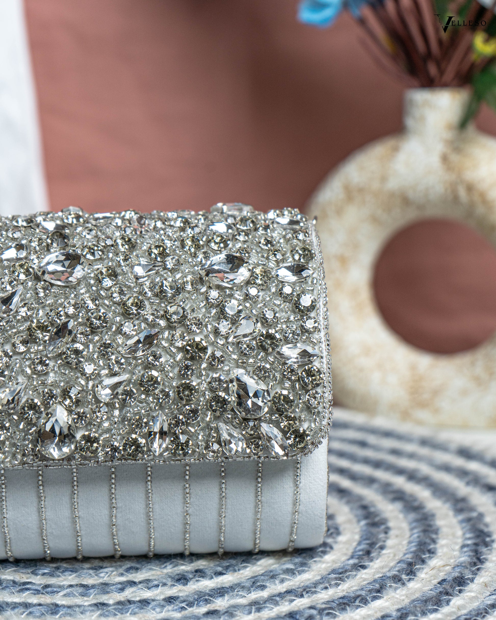 Velleso White Avara Crystal Embellished Flap Over Bag