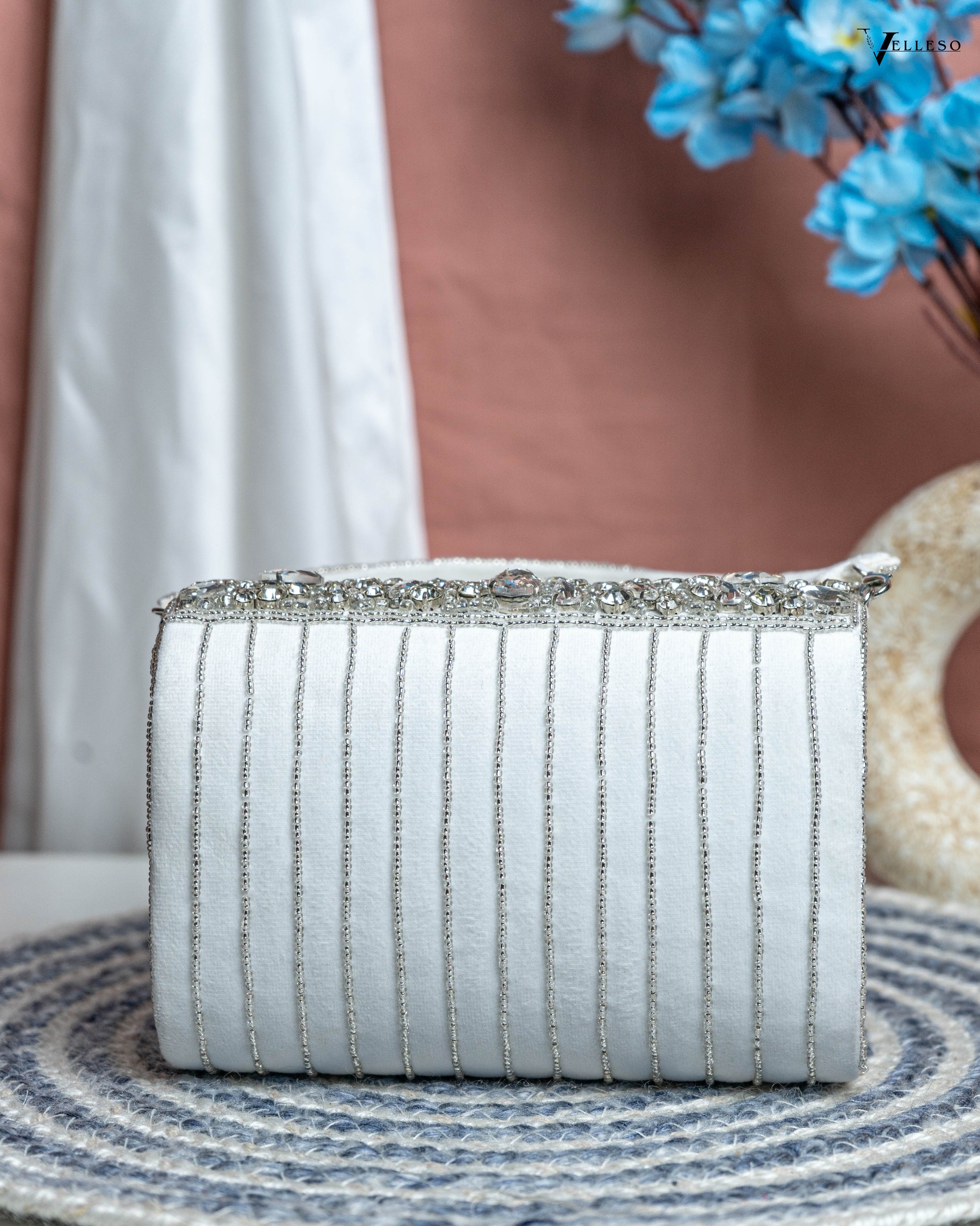 Velleso White Avara Crystal Embellished Flap Over Bag