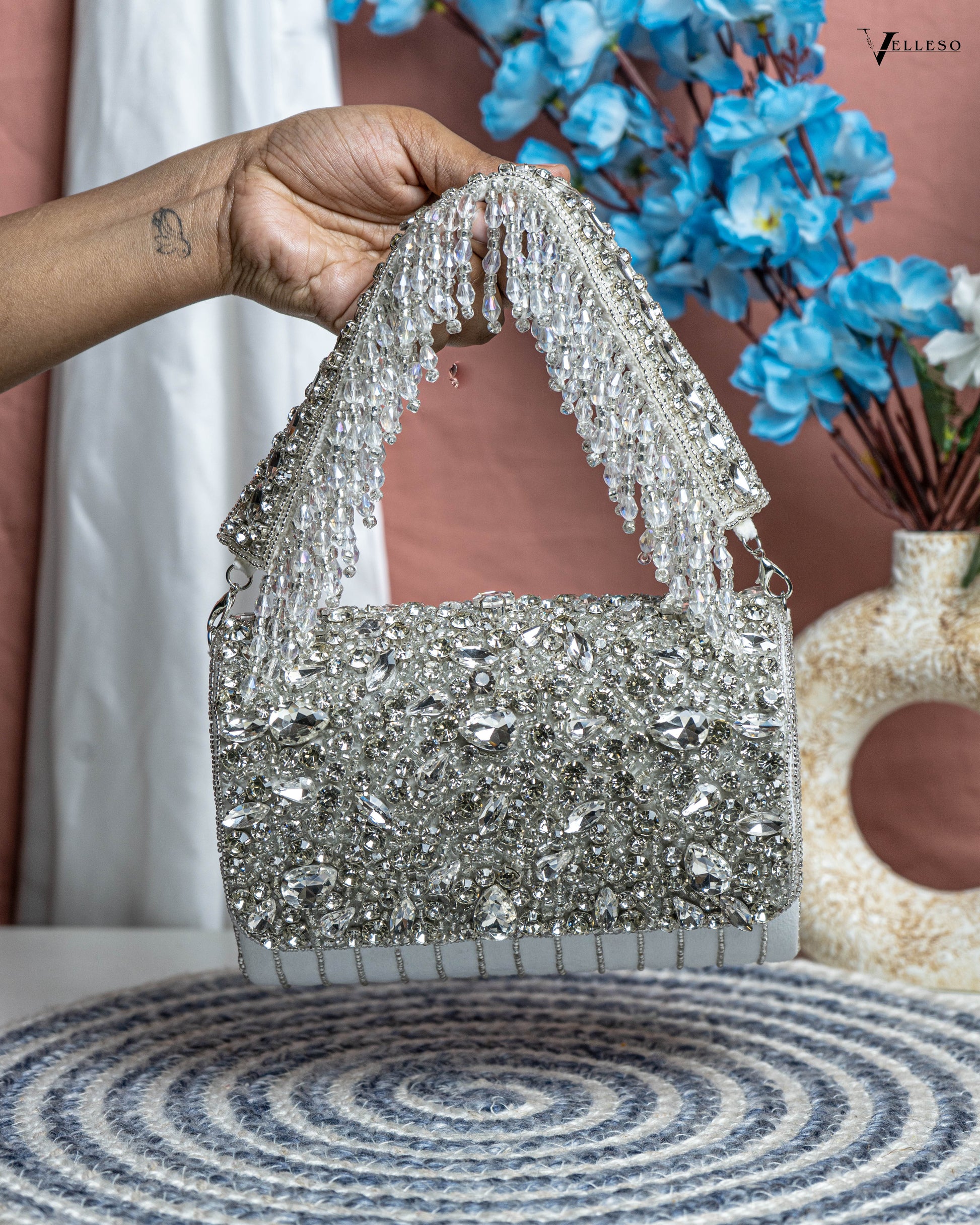 Velleso White Avara Crystal Embellished Flap Over Bag