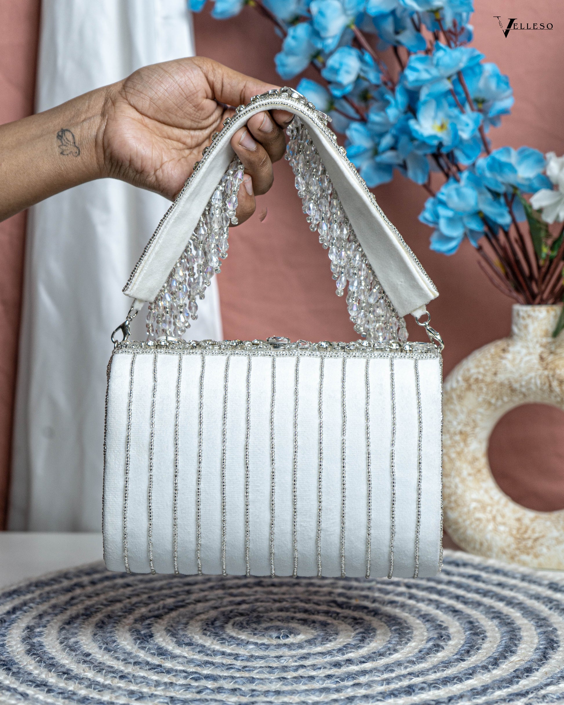 Velleso White Avara Crystal Embellished Flap Over Bag