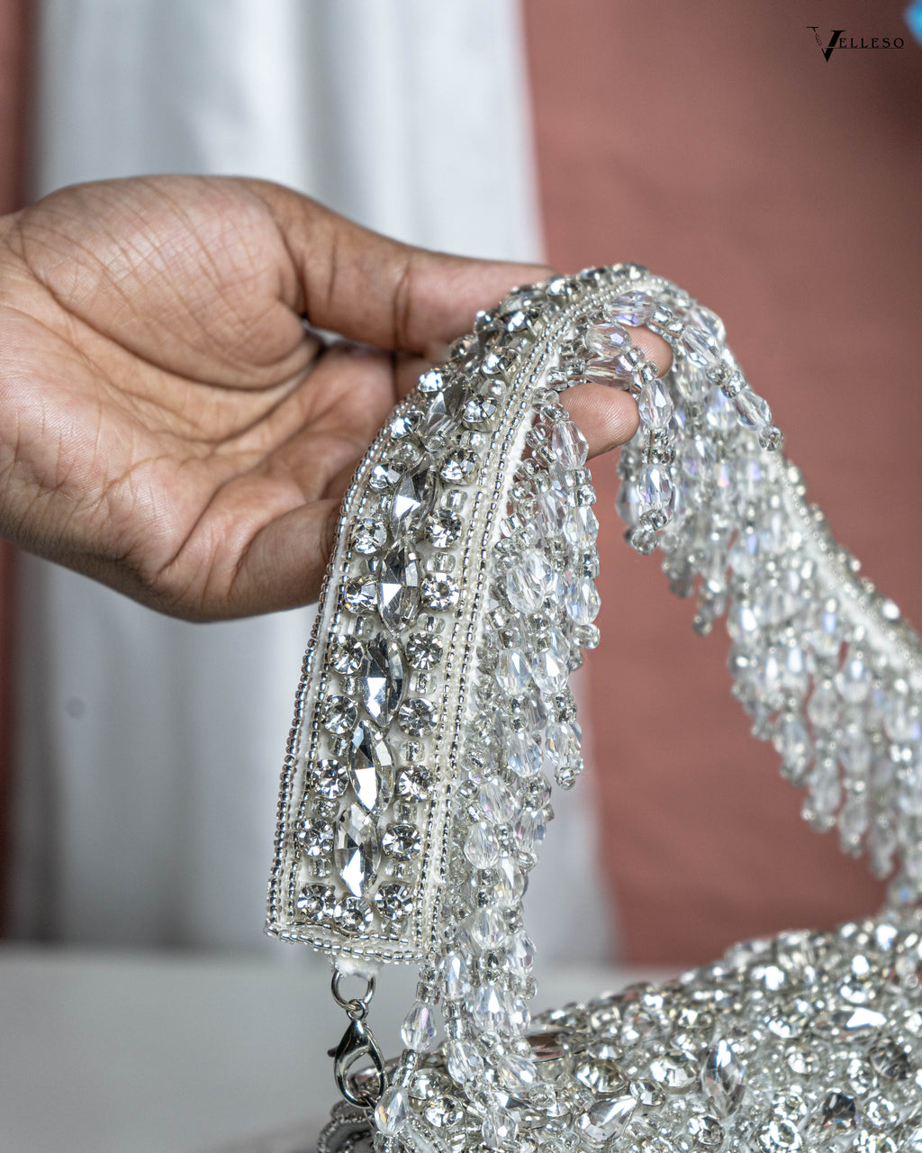 Velleso White Avara Crystal Embellished Flap Over Bag
