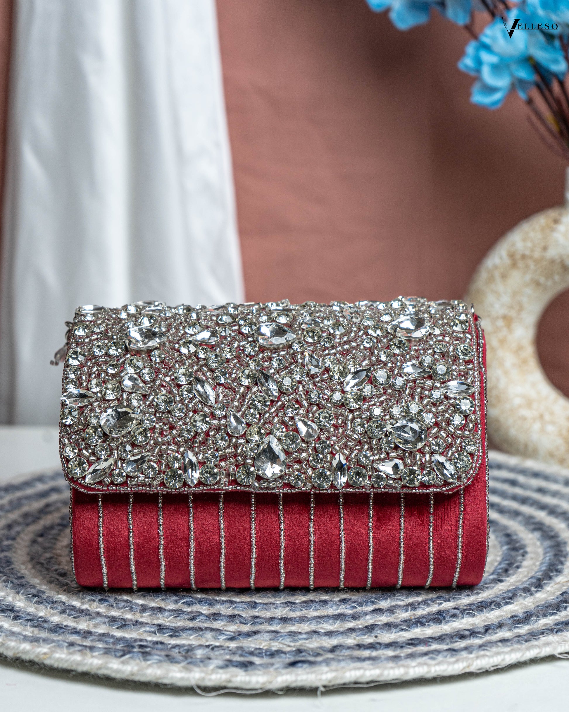 Velleso Red Avara Crystal Embellished Flap Over Bag